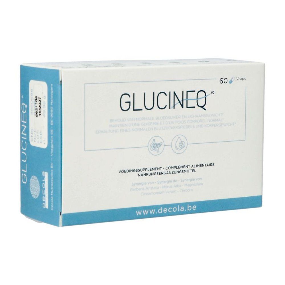 Face avant de la boîte Glucineq avec 60 gélules et site web.