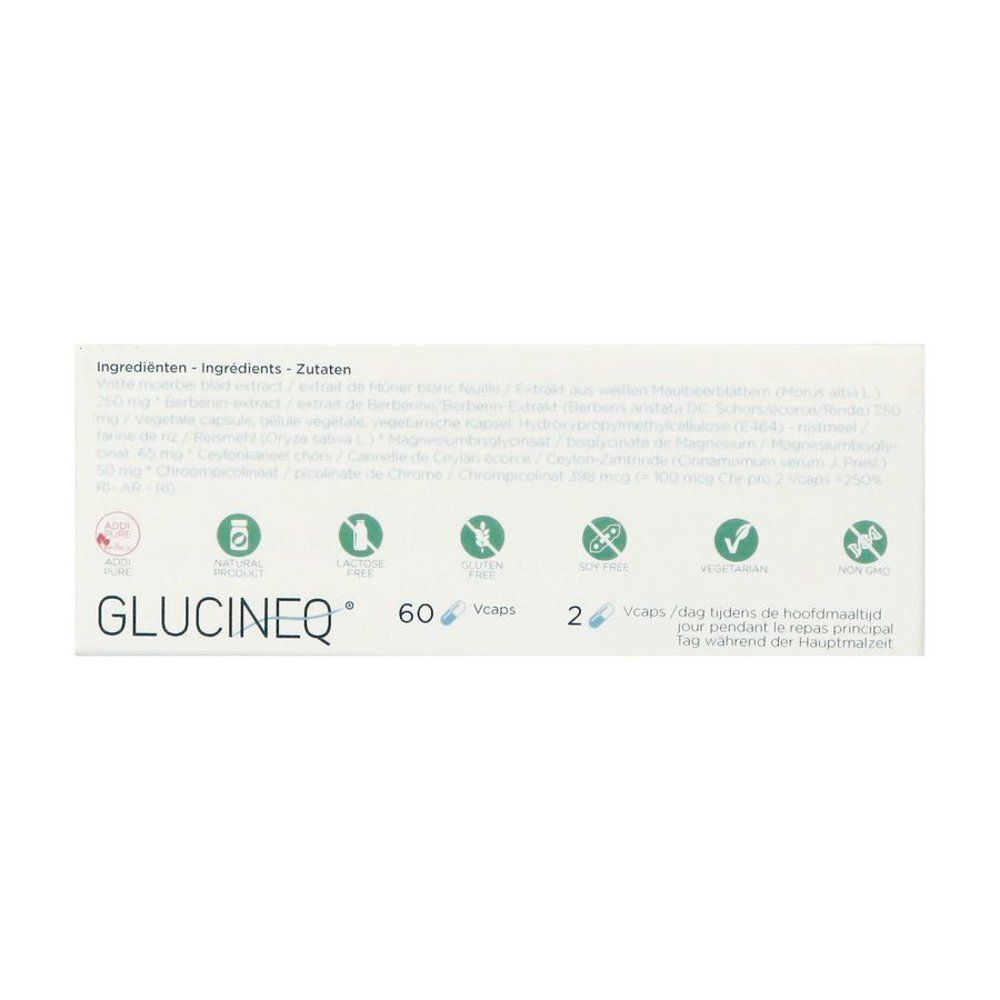 Arrière de la boîte Glucineq avec informations produit en plusieurs langues.