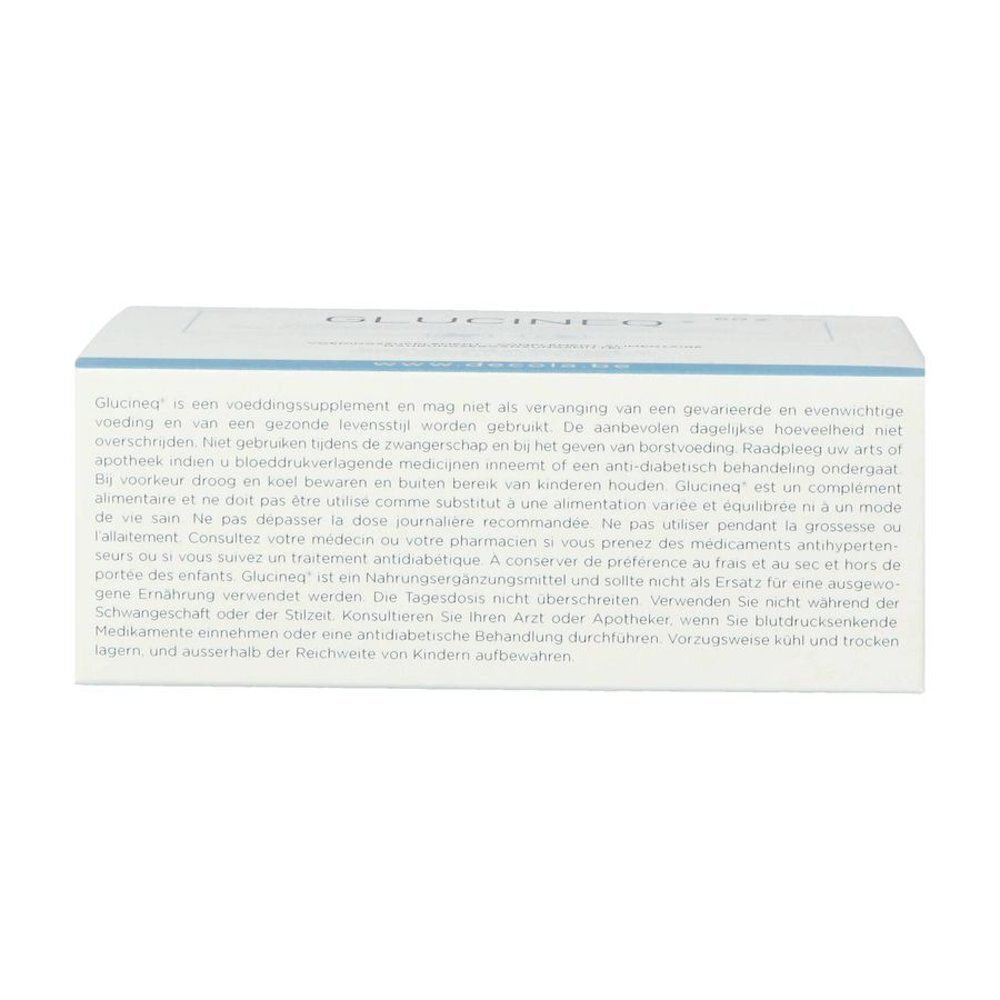 Vue latérale de la boîte Glucineq avec informations du fabricant.