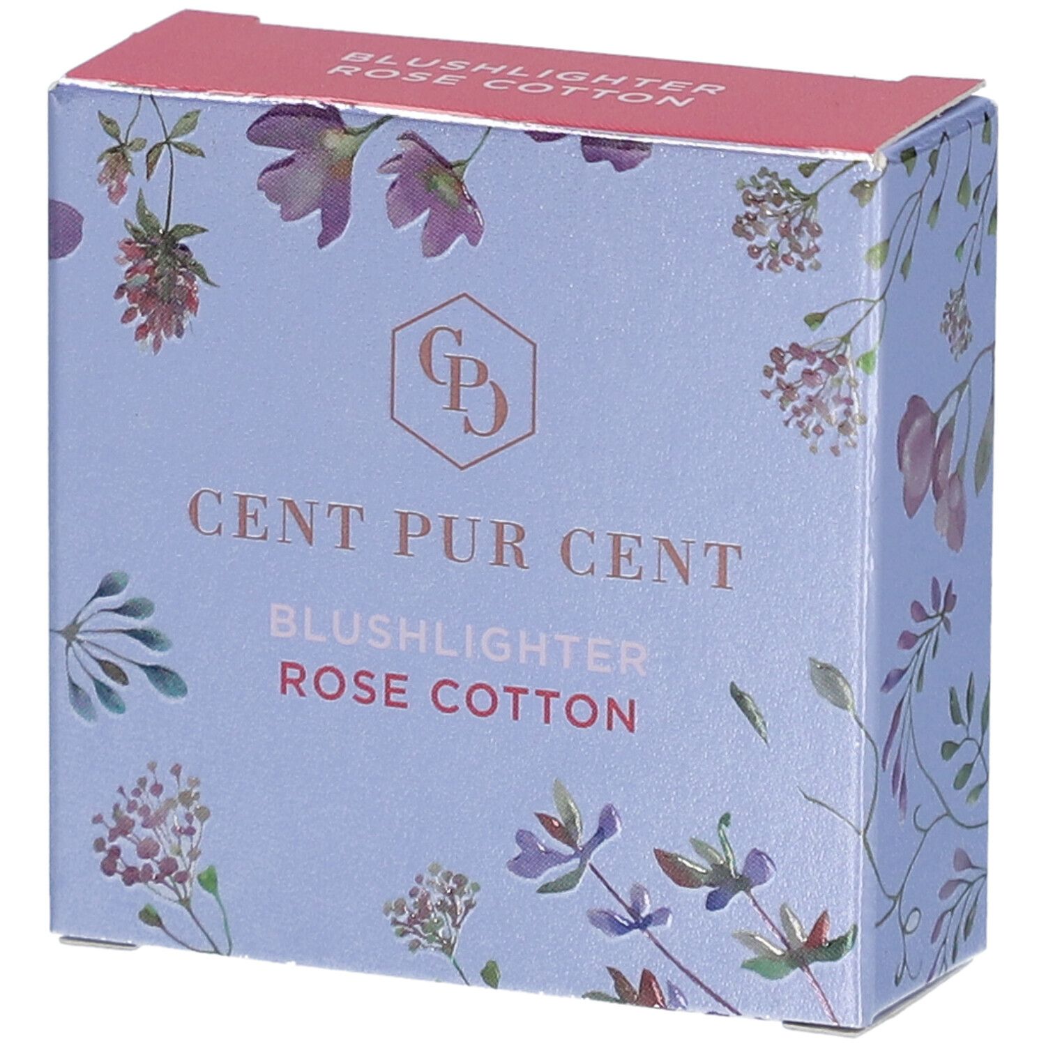 Emballage de Cent Pur Cent Blushlighter Rose Coton. Boîte bleu clair avec motif floral et nom du produit.