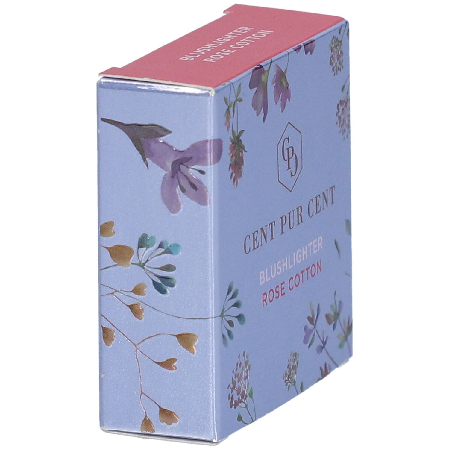 Vue latérale de l'emballage de Cent Pur Cent Blushlighter Rose Coton. Boîte bleu clair avec motif floral et nom du produit.