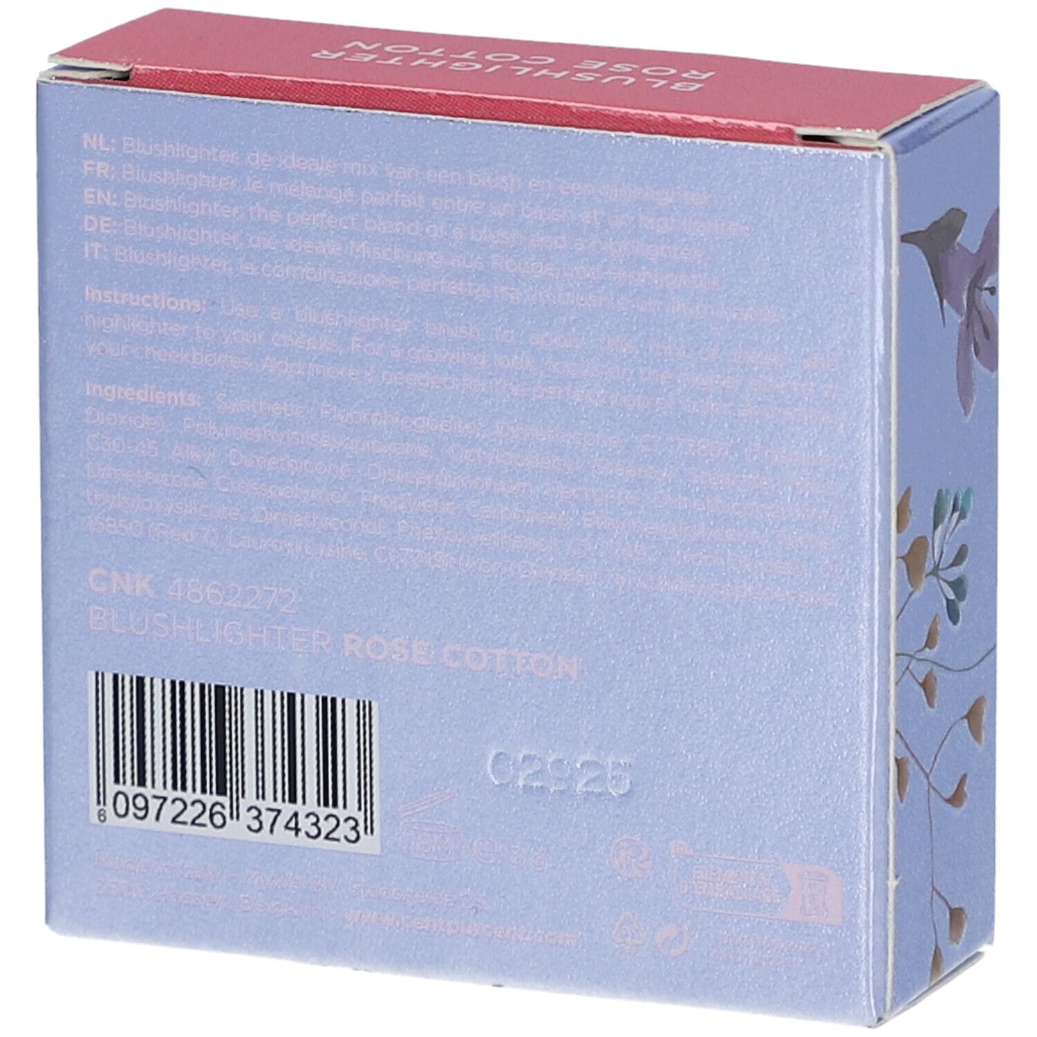 Dos de l'emballage de Cent Pur Cent Blushlighter Rose Coton. Boîte bleu clair avec texte et code-barres.