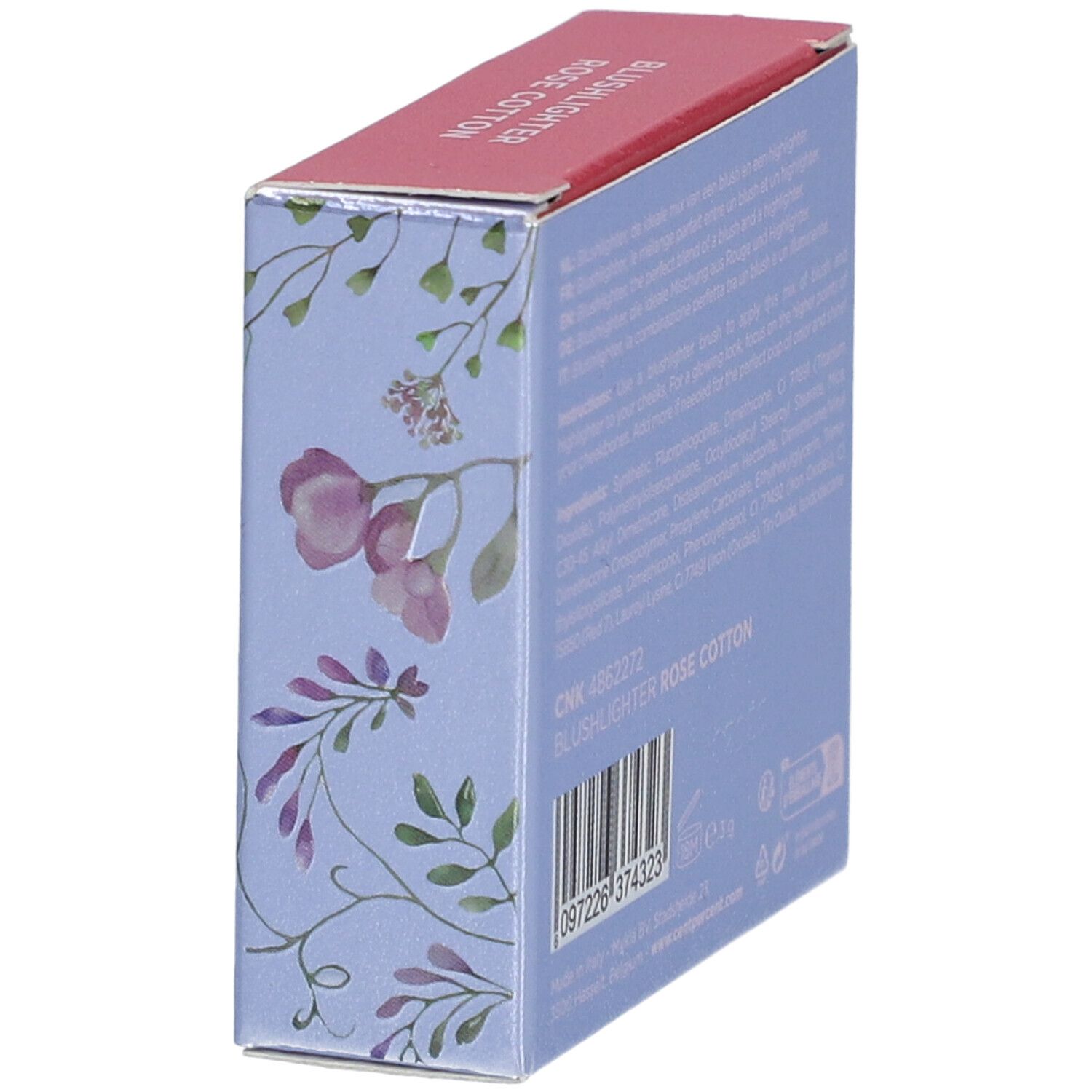 Vue latérale de l'emballage de Cent Pur Cent Blushlighter Rose Coton. Boîte bleu clair avec motif floral et texte.