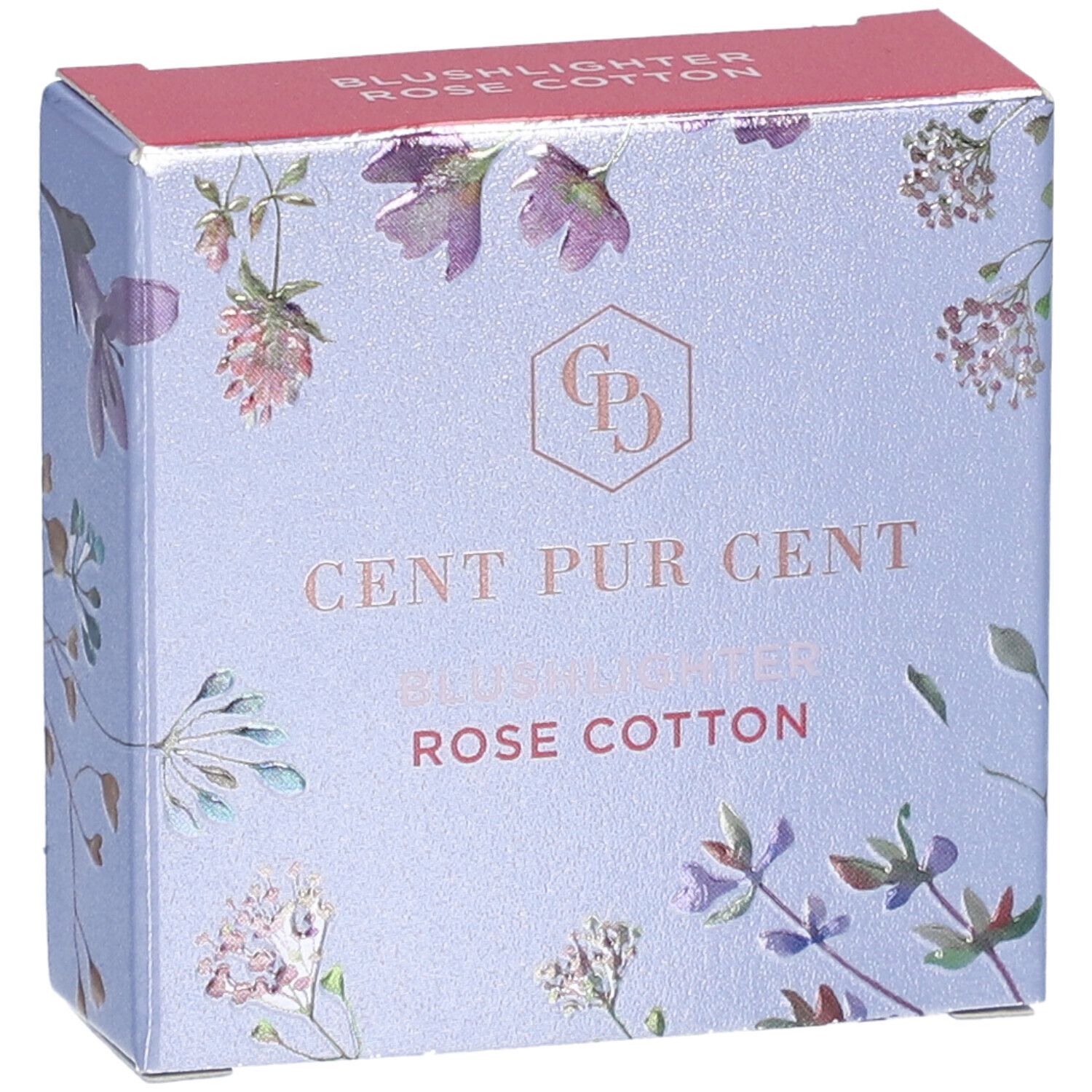 Vue en biais de l'emballage de Cent Pur Cent Blushlighter Rose Coton. Boîte bleu clair avec motif floral et nom du produit.