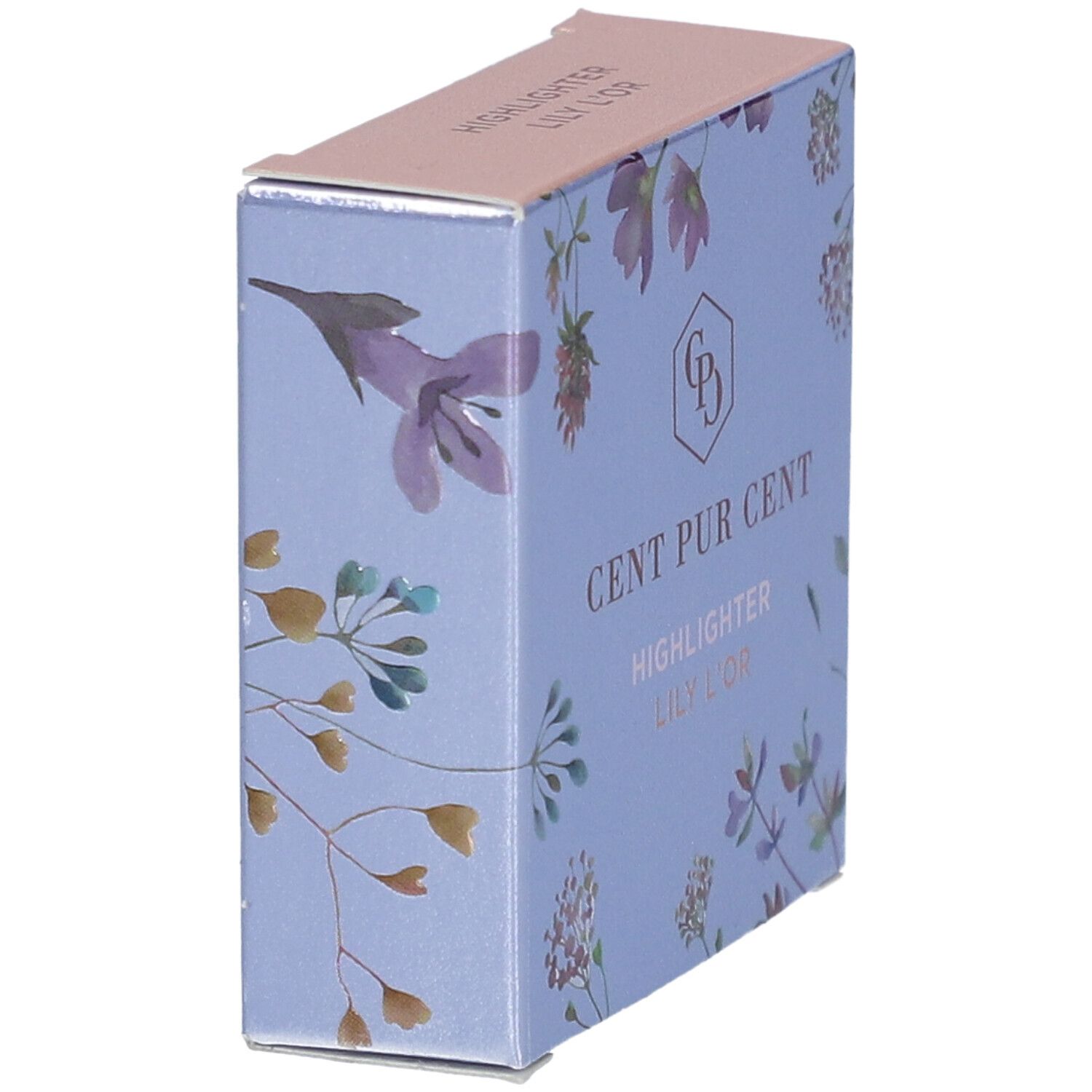 Vue latérale de l'emballage du surligneur Cent Pur Cent Lily L'or. Boîte bleu clair avec motif floral.