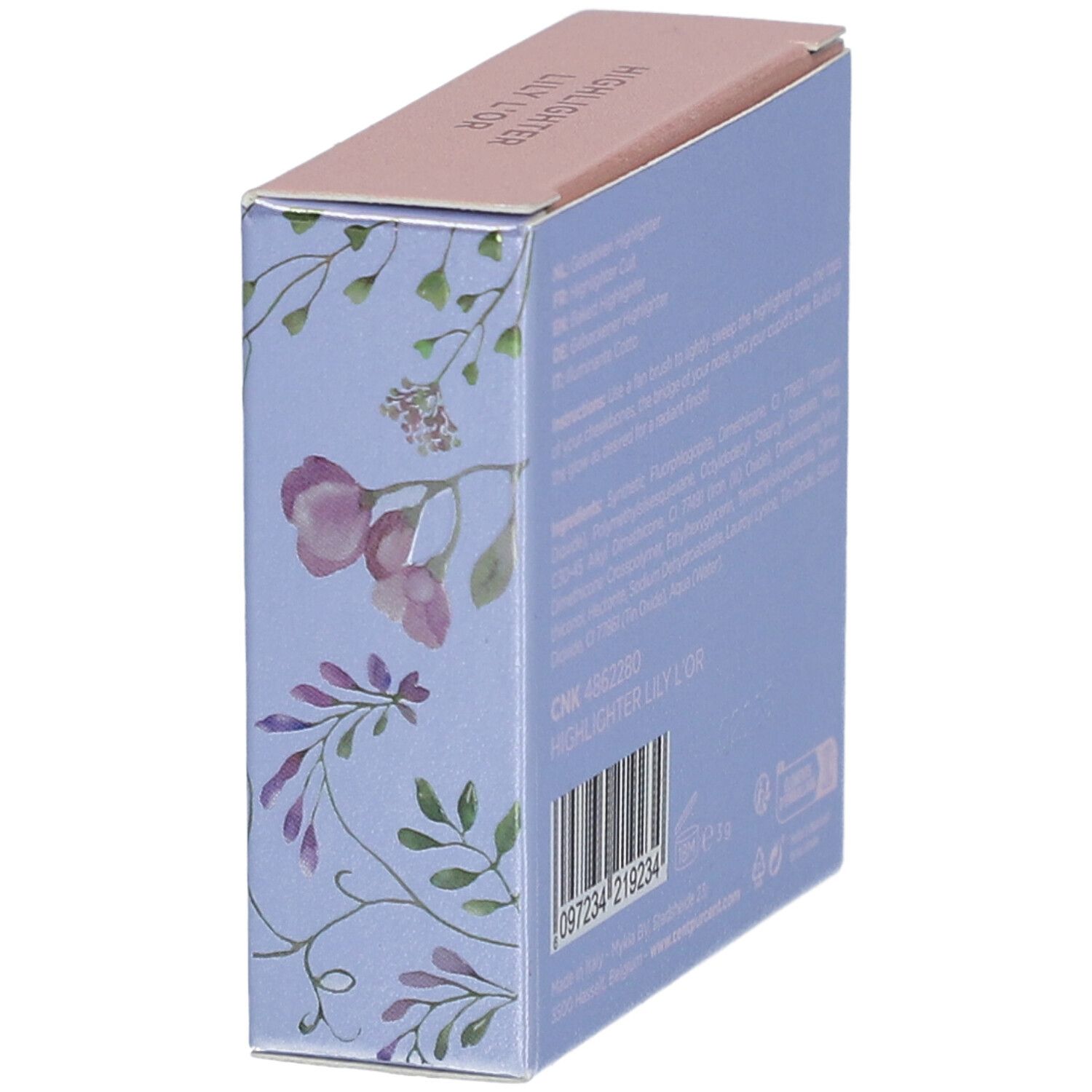 Vue latérale de l'emballage du surligneur Cent Pur Cent Lily L'or. Boîte bleu clair avec motif floral et texte.