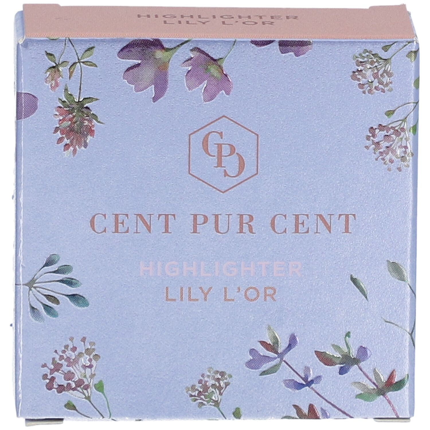 Vue de dessus de l'emballage du surligneur Cent Pur Cent Lily L'or. Boîte bleu clair avec motif floral et nom du produit.