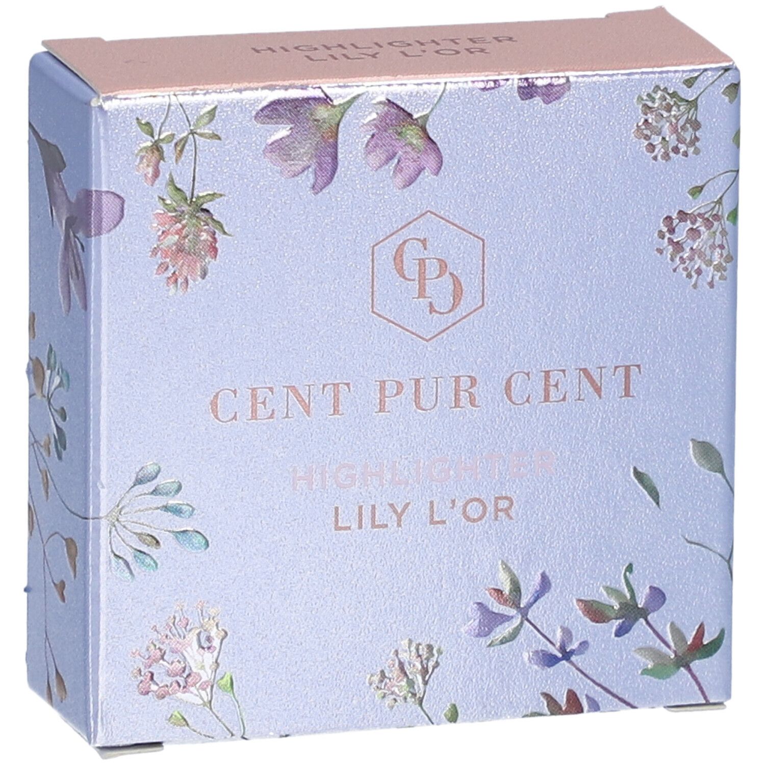 Vue de dessus de l'emballage du surligneur Cent Pur Cent Lily L'or. Boîte bleu clair avec motif floral et nom du produit.
