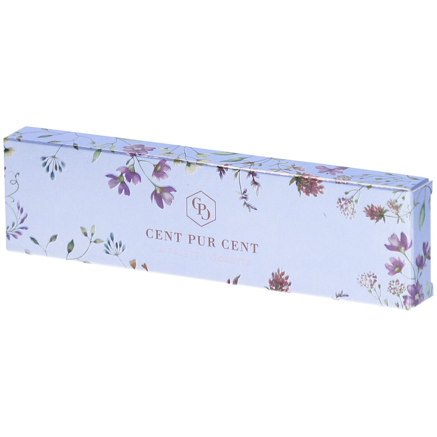 Emballage rectangulaire avec motif floral et texte CENT PUR CENT. Fond bleu clair.