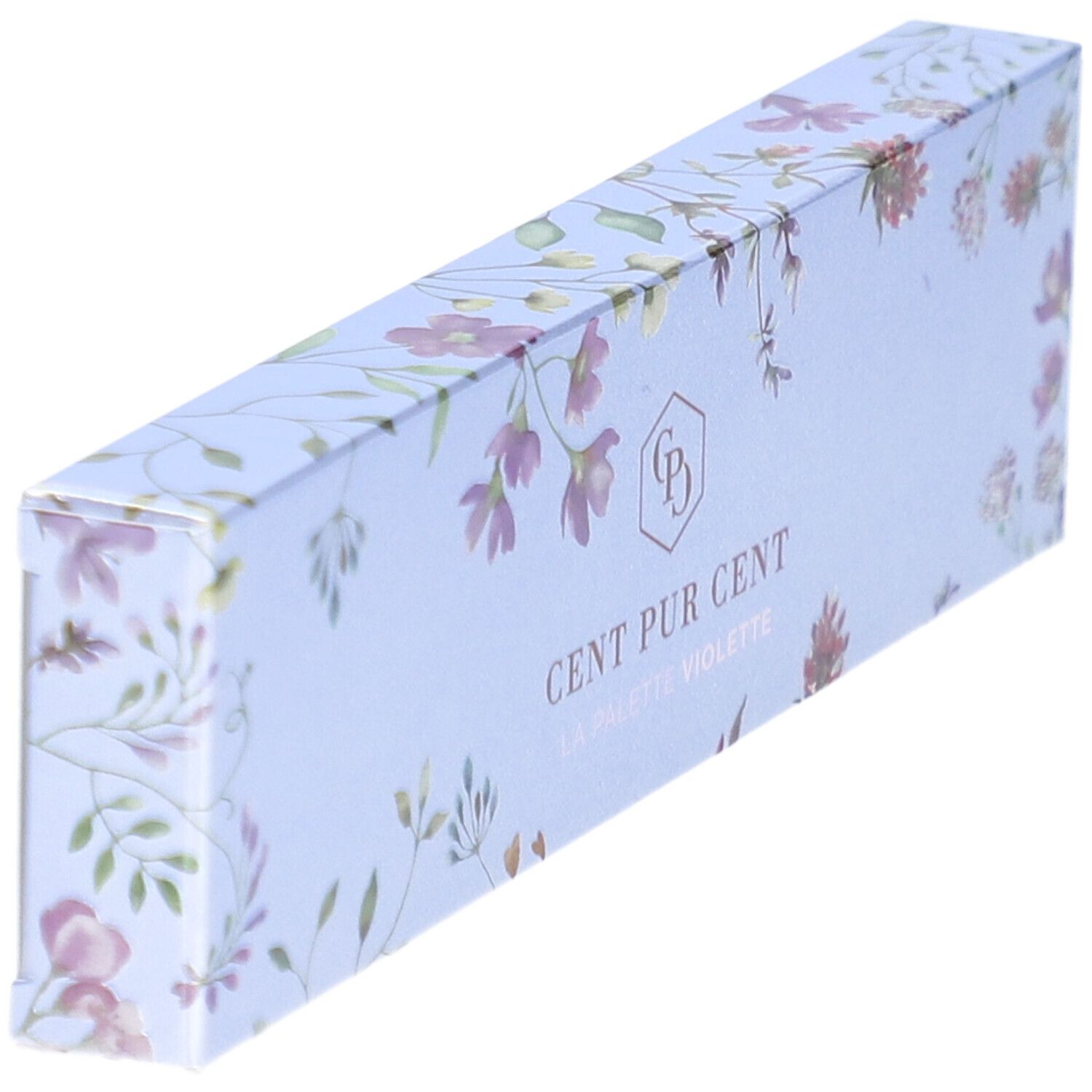 Emballage en biais avec motif floral et texte CENT PUR CENT. Fond bleu clair.