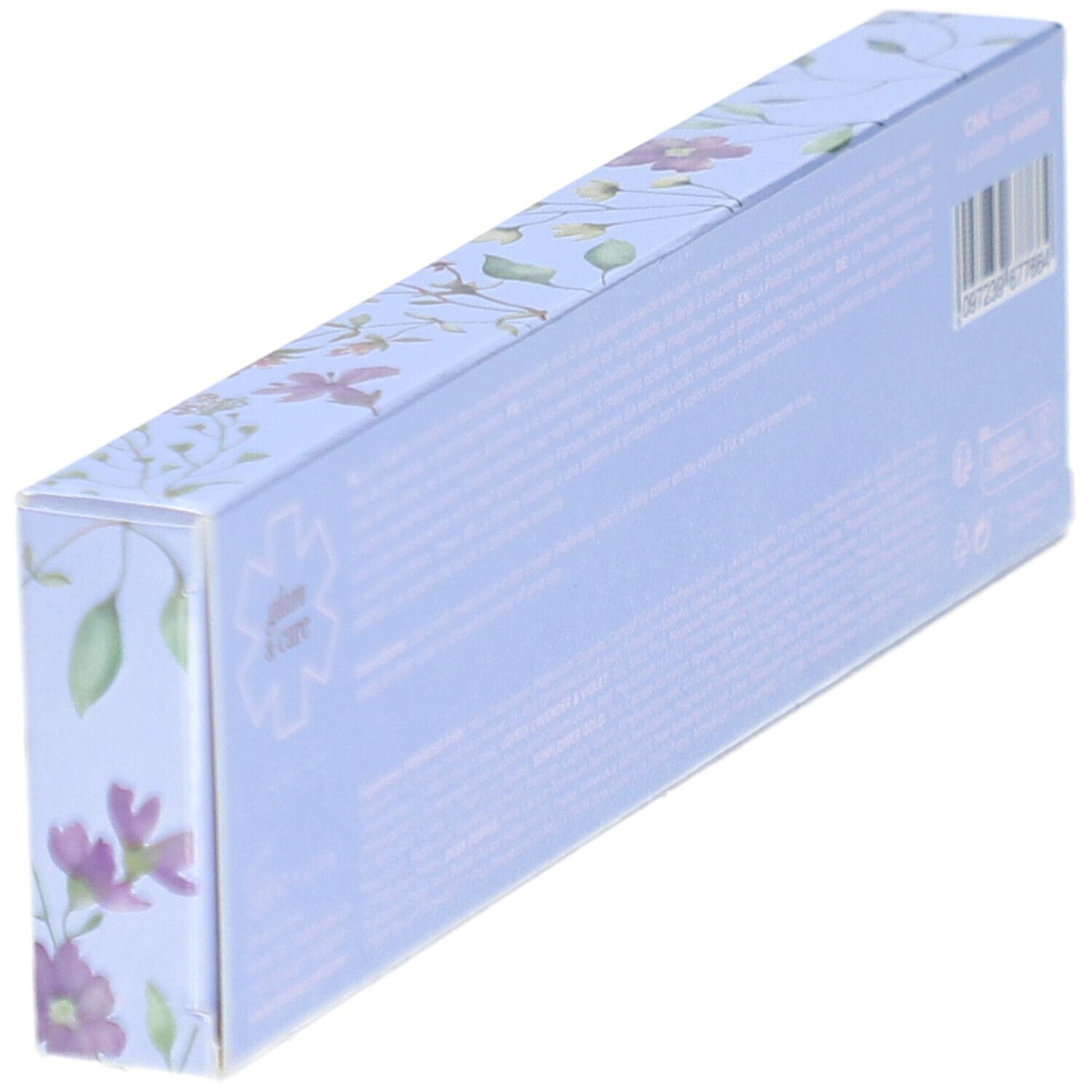 Emballage en biais avec motif floral et texte. Fond bleu clair.