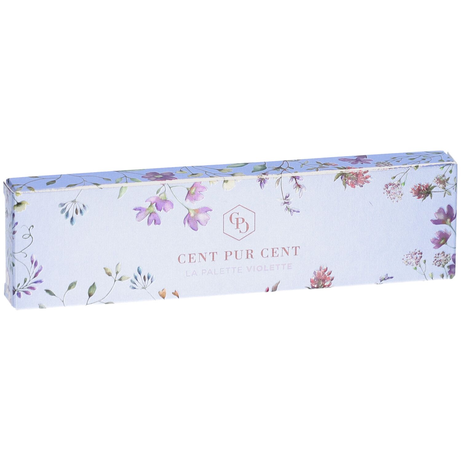 Emballage avec motif floral et texte CENT PUR CENT. Fond bleu clair.