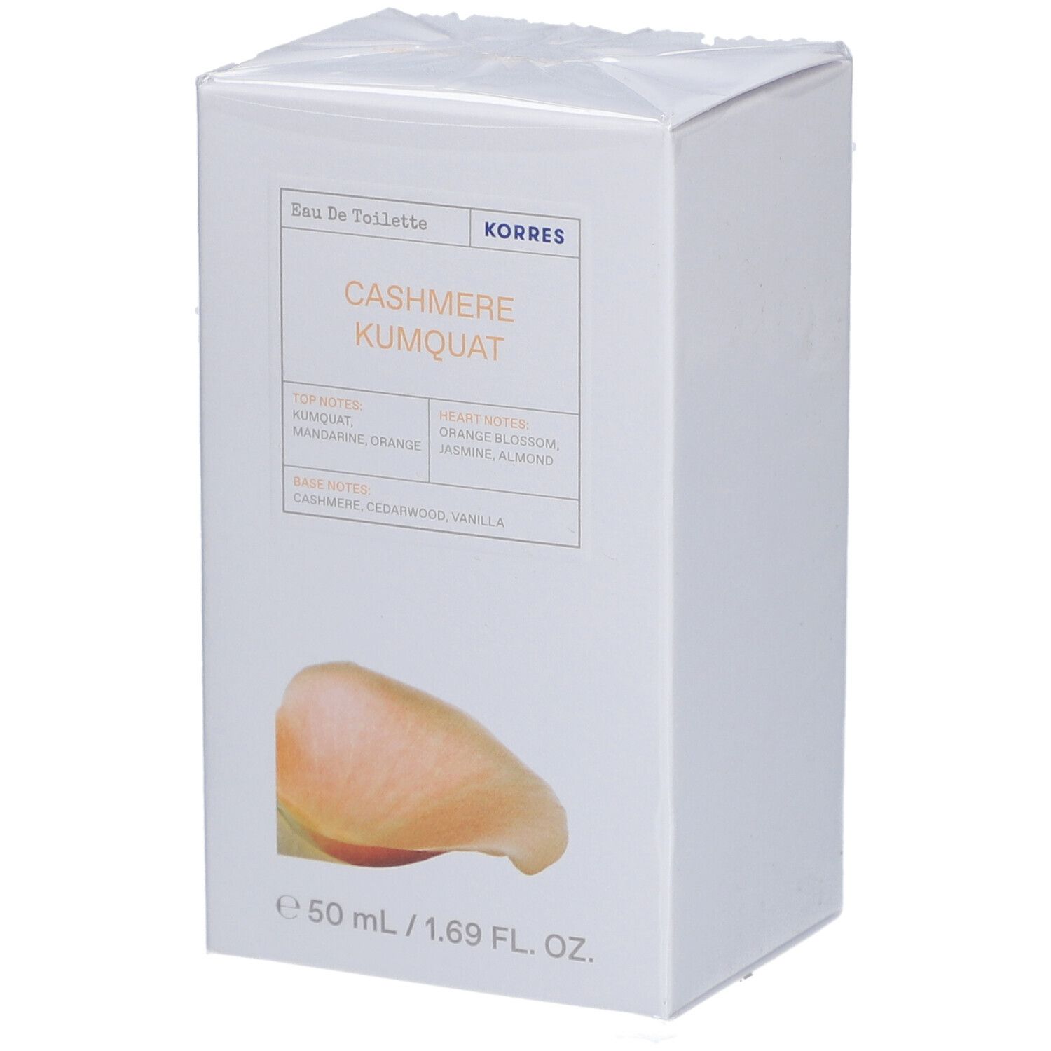 Korres Eau de Toilette Kaschmir-Kumquat. Emballage blanc. Nom du produit et ingrédients sur le devant. Image d'un fruit.