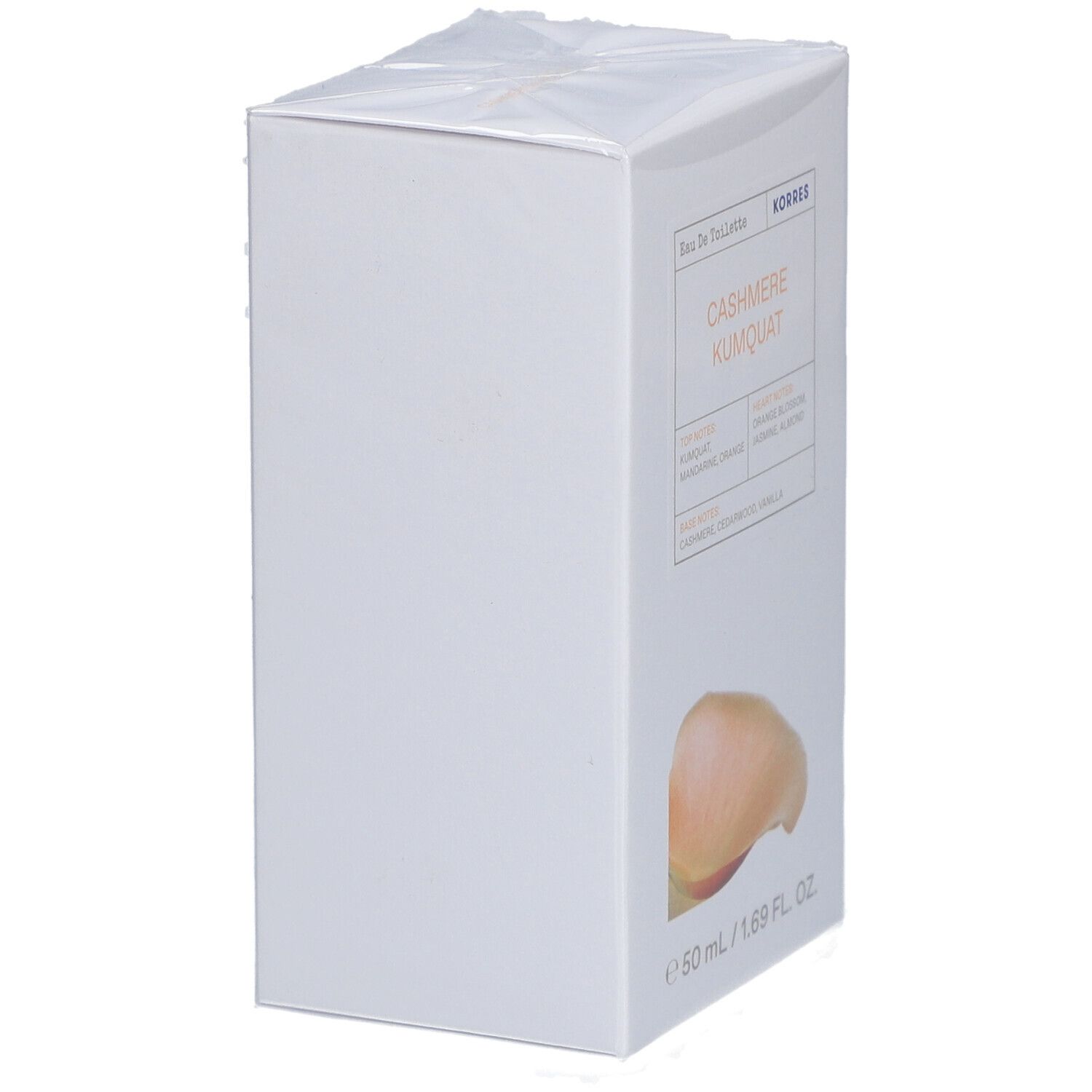 Korres Eau de Toilette Kaschmir-Kumquat. Emballage blanc. Nom du produit et ingrédients sur le devant. Image d'un fruit.