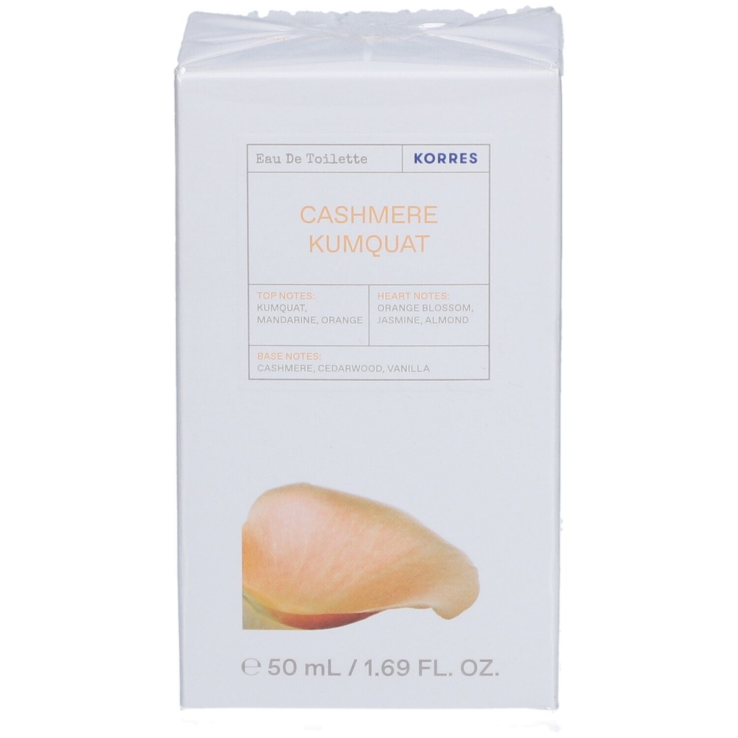 Korres Eau de Toilette Kaschmir-Kumquat. Emballage blanc. Nom du produit et ingrédients sur le devant. Image d'un fruit.