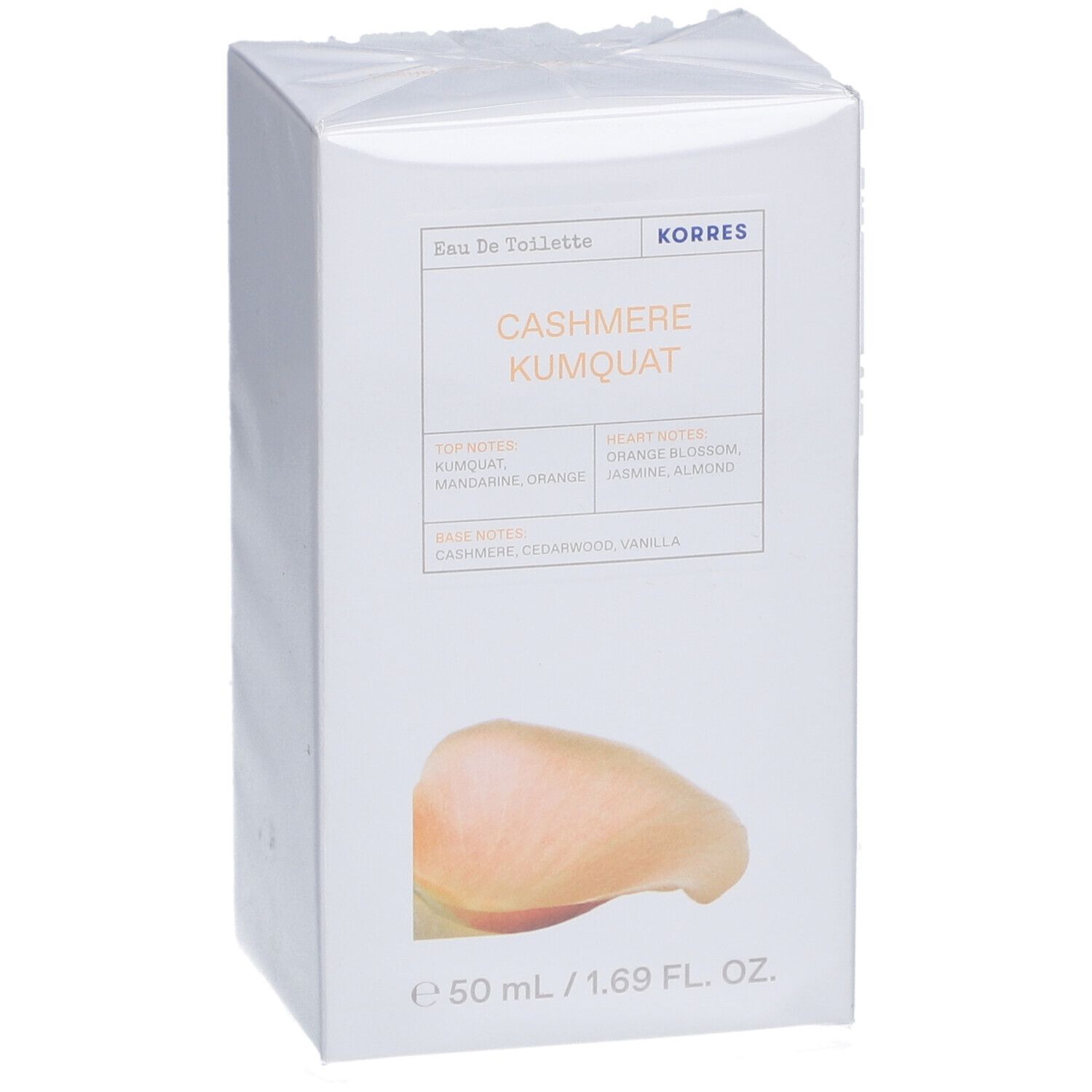 Korres Eau de Toilette Kaschmir-Kumquat. Emballage blanc. Nom du produit et ingrédients sur le devant. Image d'un fruit.