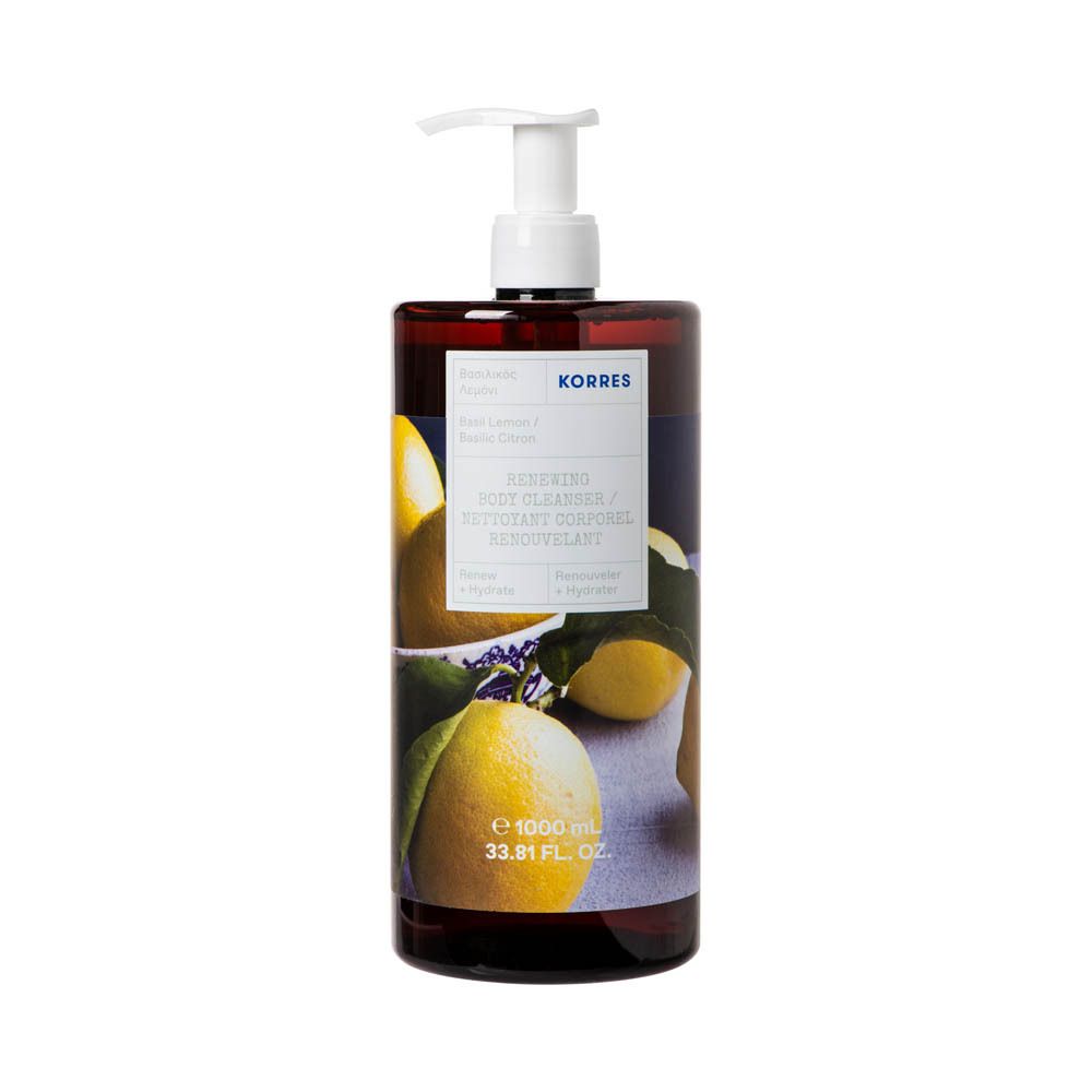 Gel douche KORRES, format jumbo. Inscription: Basil Lemon, 1000 ml. Illustration de citrons et feuilles.