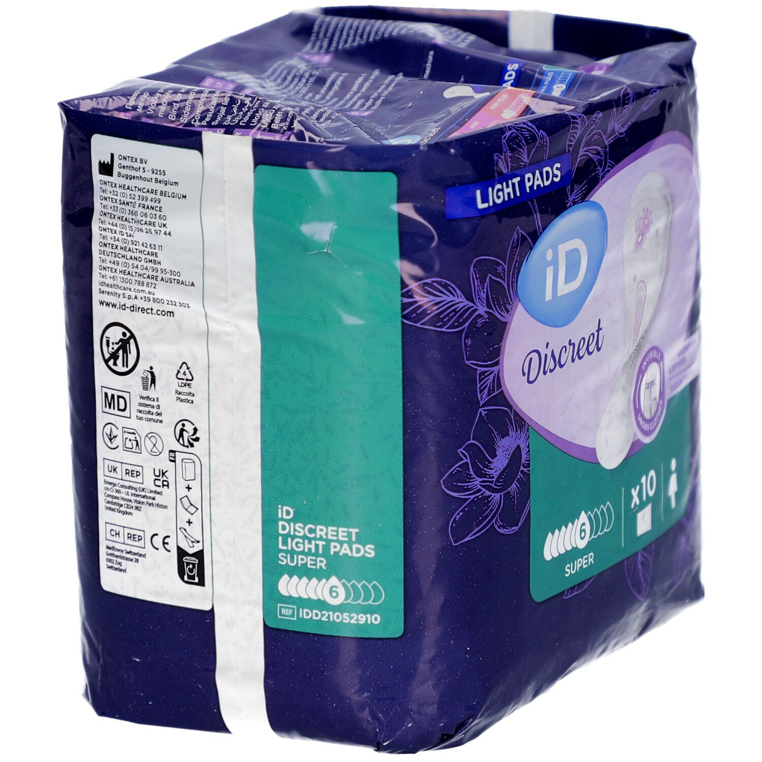 Dos du paquet iD Discreet Light Pads Super. Contient des informations, des logos et un code QR. Détails verts et blancs.