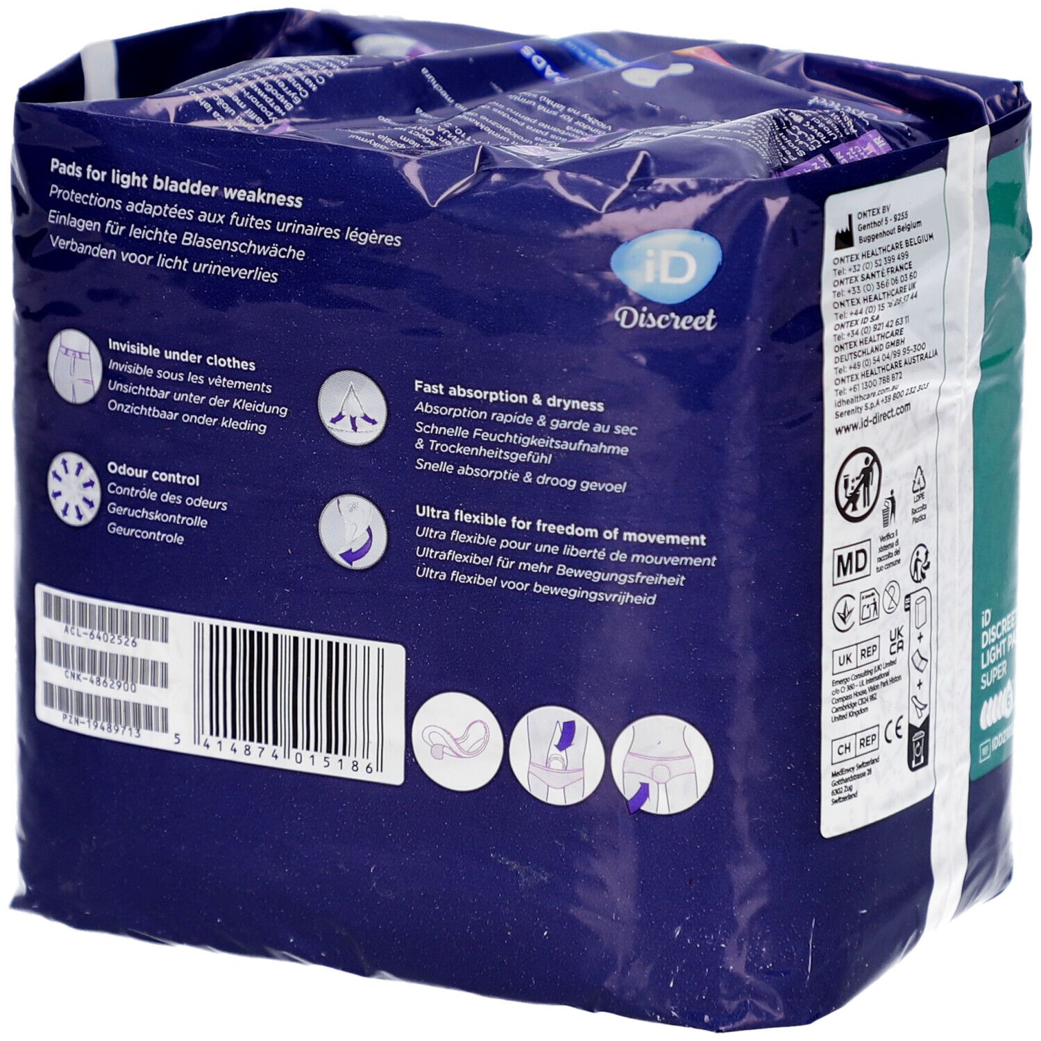 Dos du paquet iD Discreet Light Pads Super. Texte sur l'incontinence, l'absorption, le contrôle des odeurs et la flexibilité.