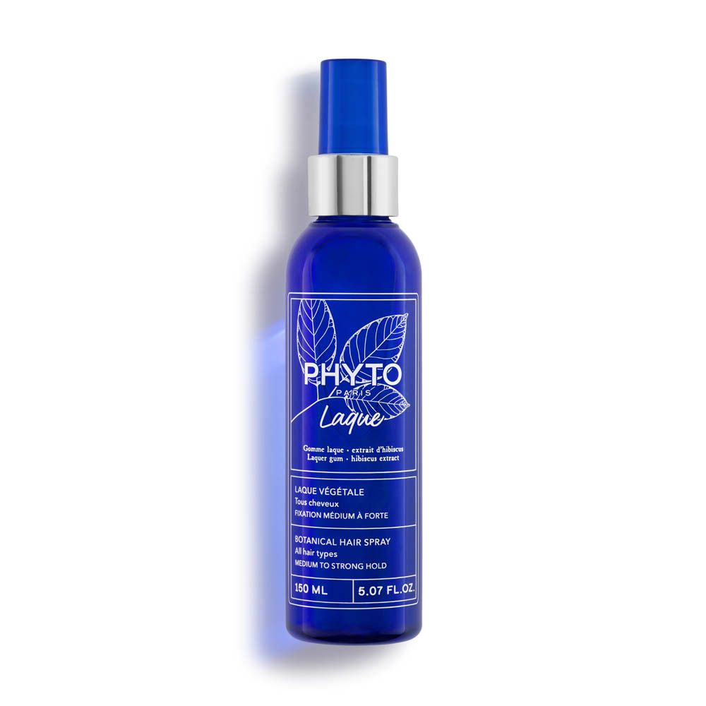 Flacon spray bleu avec col argenté. Inscription: PHYTO, Laque, 150 ml, Botanical Hair Spray, fixation moyenne à forte.