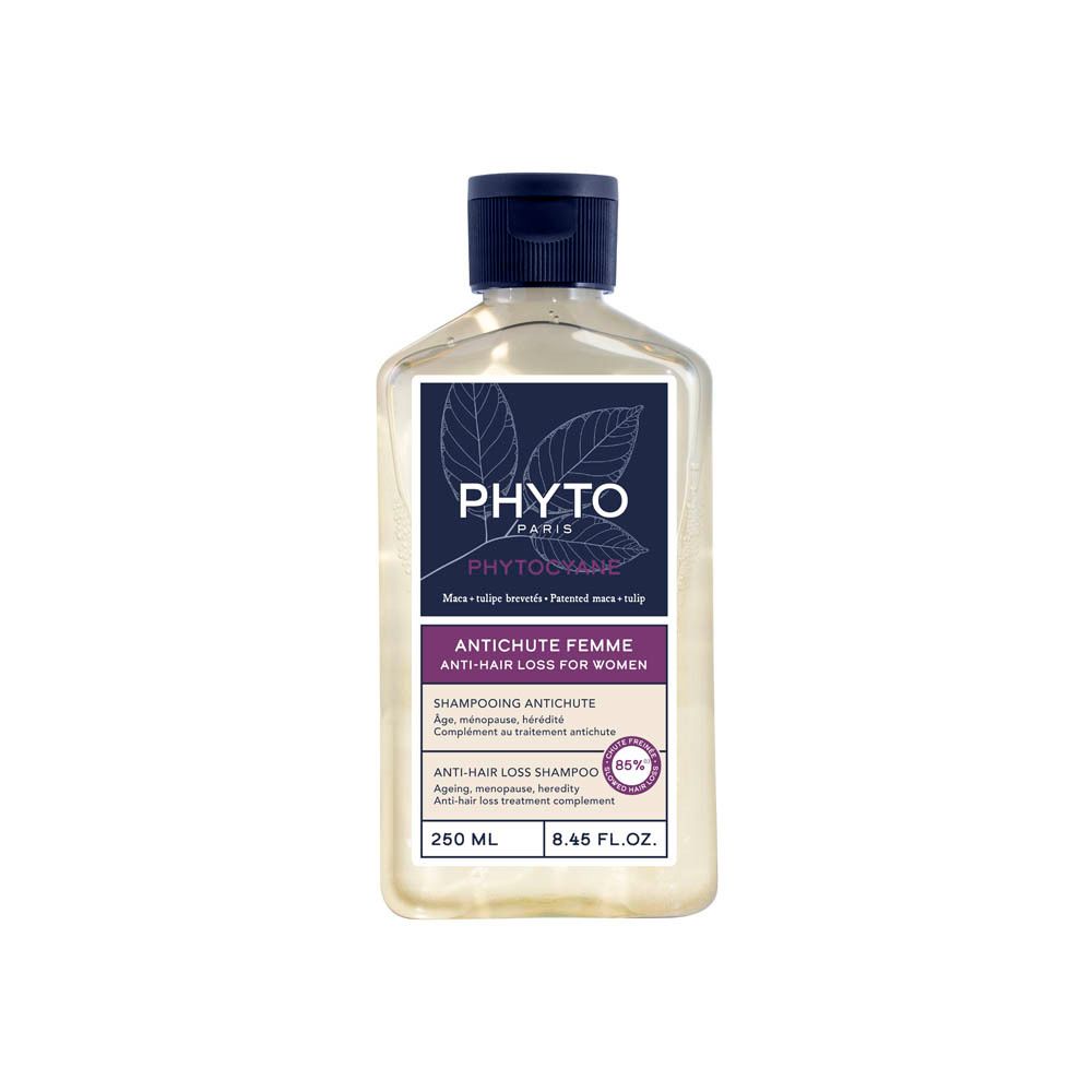 Flacon de shampooing Phyto Paris Anti-Chute Femme. Bouchon bleu. Étiquette avec informations produit et logo.