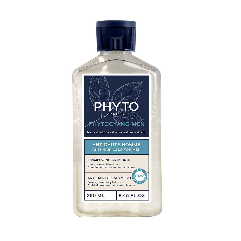 Flacon de shampooing transparent, bouchon bleu foncé. Inscriptions: PHYTO, PHYTOYANE-MEN, ANTICHUTE HOMME, ANTI-HAIR LOSS FOR MEN. 250 ml.