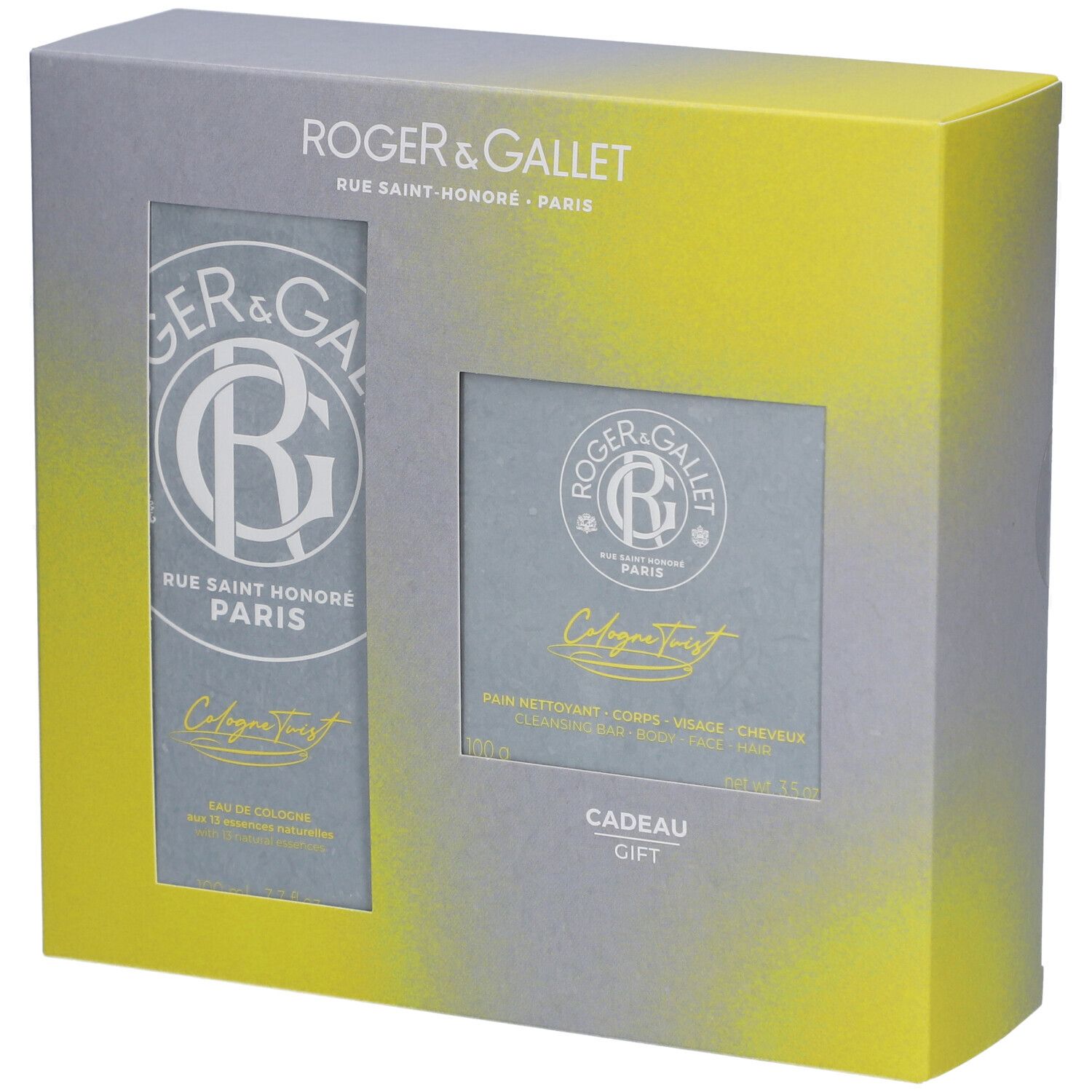 Coffret cadeau Roger & Gallet. Deux produits visibles à travers des fenêtres. Couleurs grise et jaune.