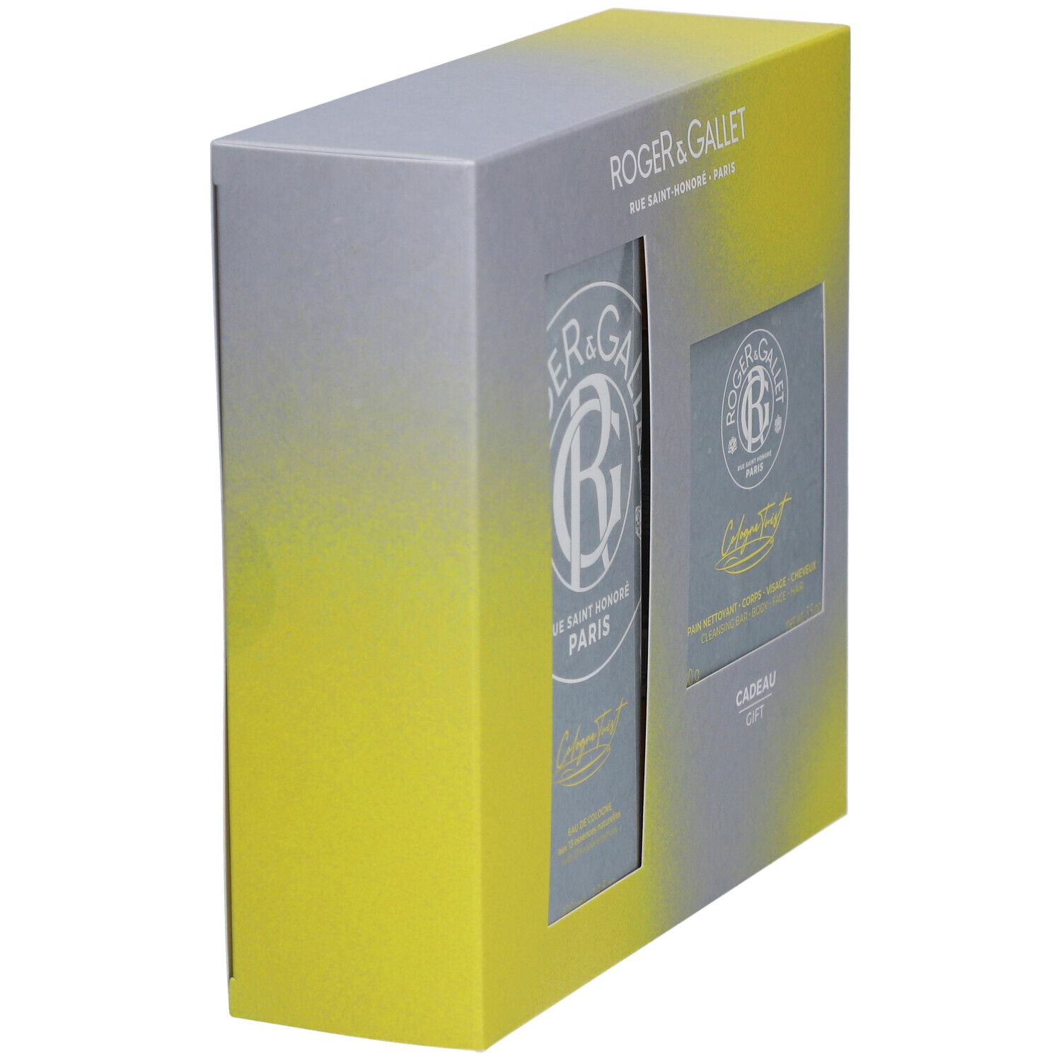 Coffret cadeau vu de côté. Couleurs grise et jaune. Logo et texte visibles.
