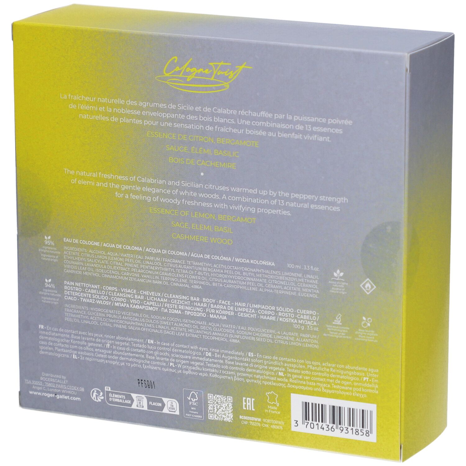 Dos du coffret cadeau. Texte et logos sur fond gris et jaune.