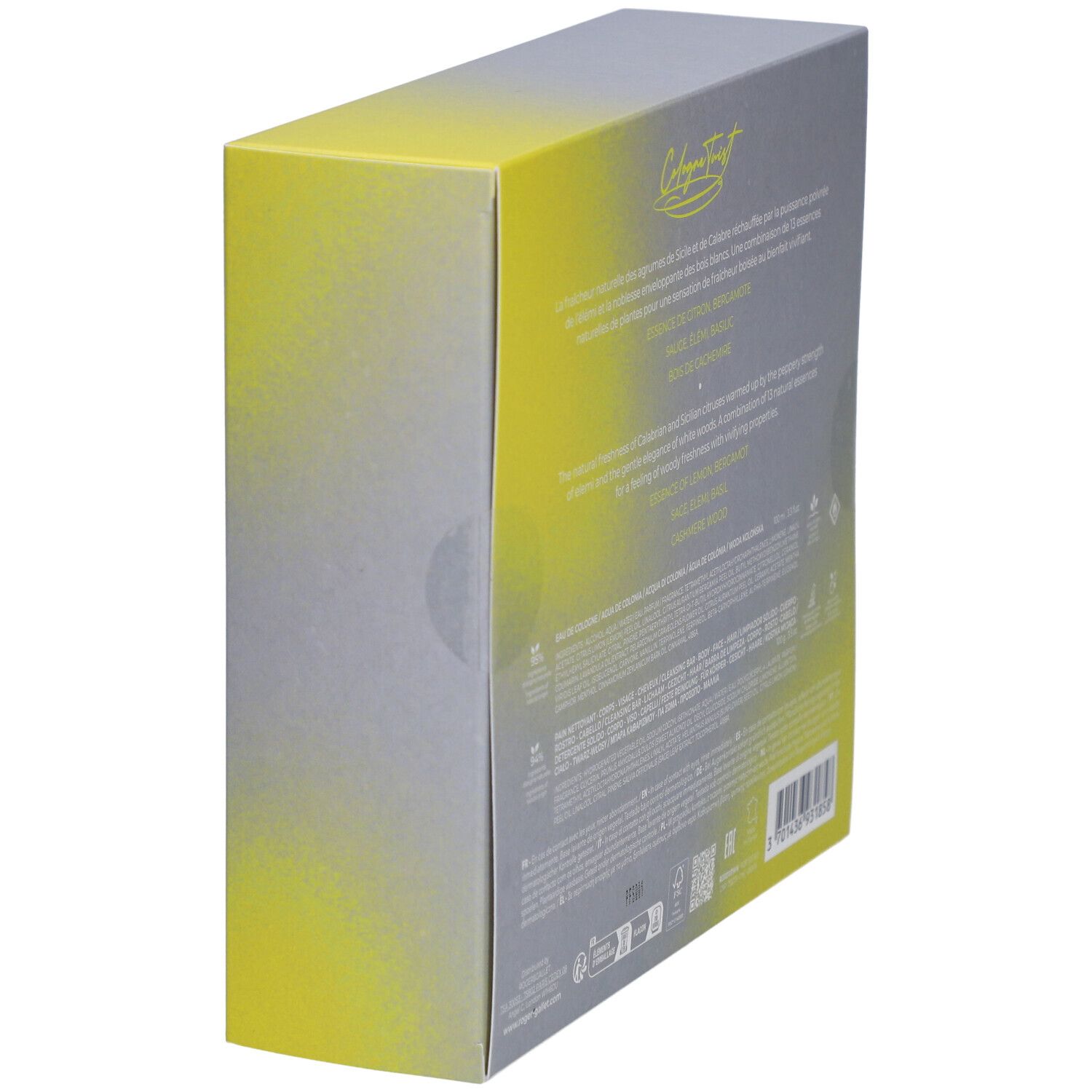 Coffret cadeau vu de côté. Couleurs grise et jaune. Texte au dos.