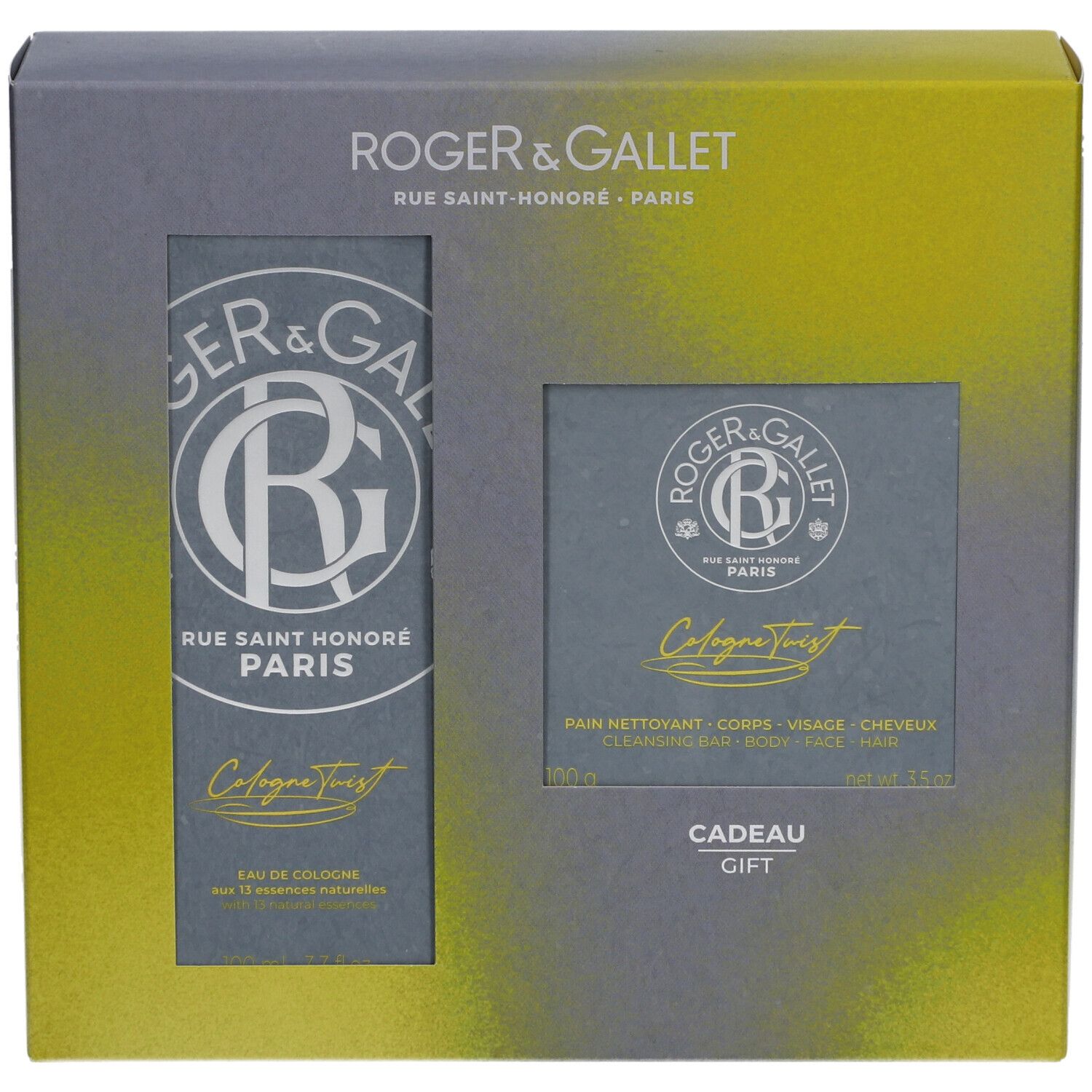 Coffret cadeau Roger & Gallet. Deux produits visibles. Couleurs grise et jaune.