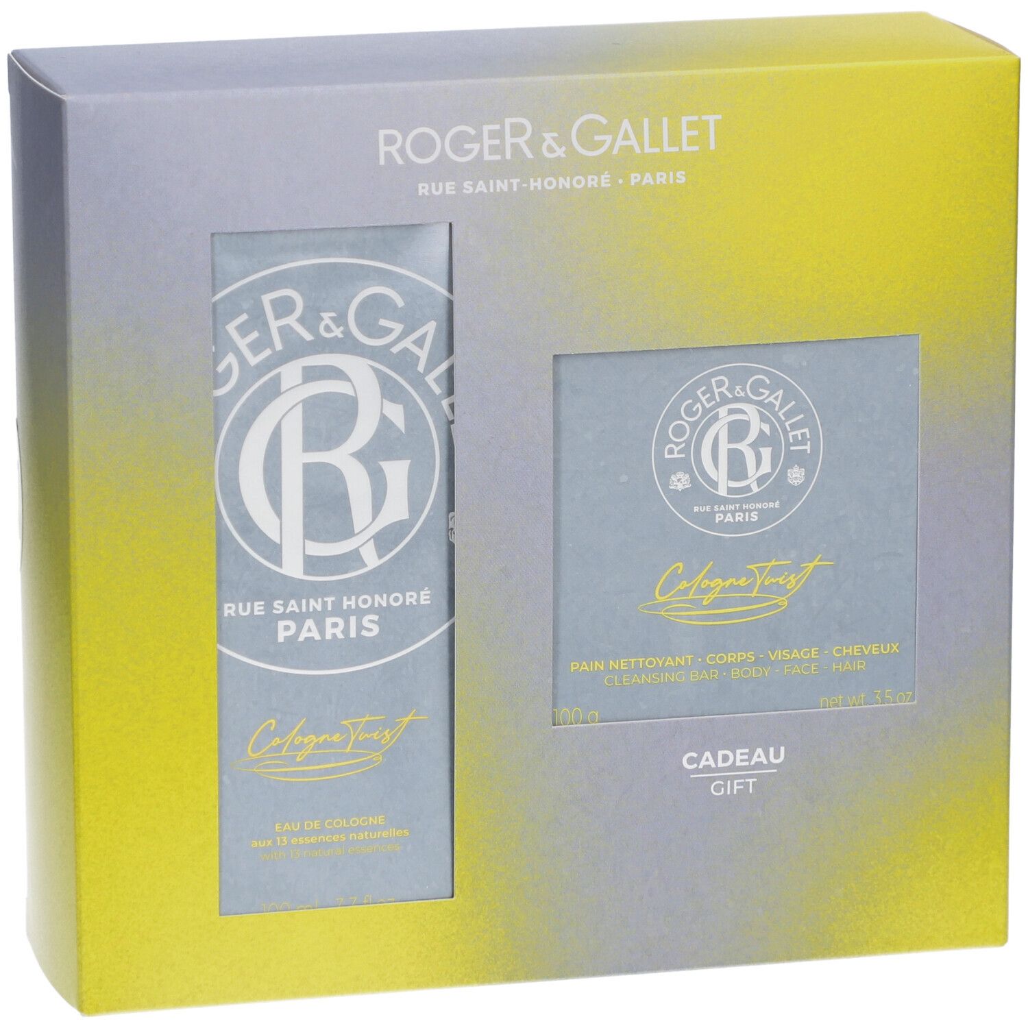 Coffret cadeau Roger & Gallet. Deux produits visibles. Couleurs grise et jaune.