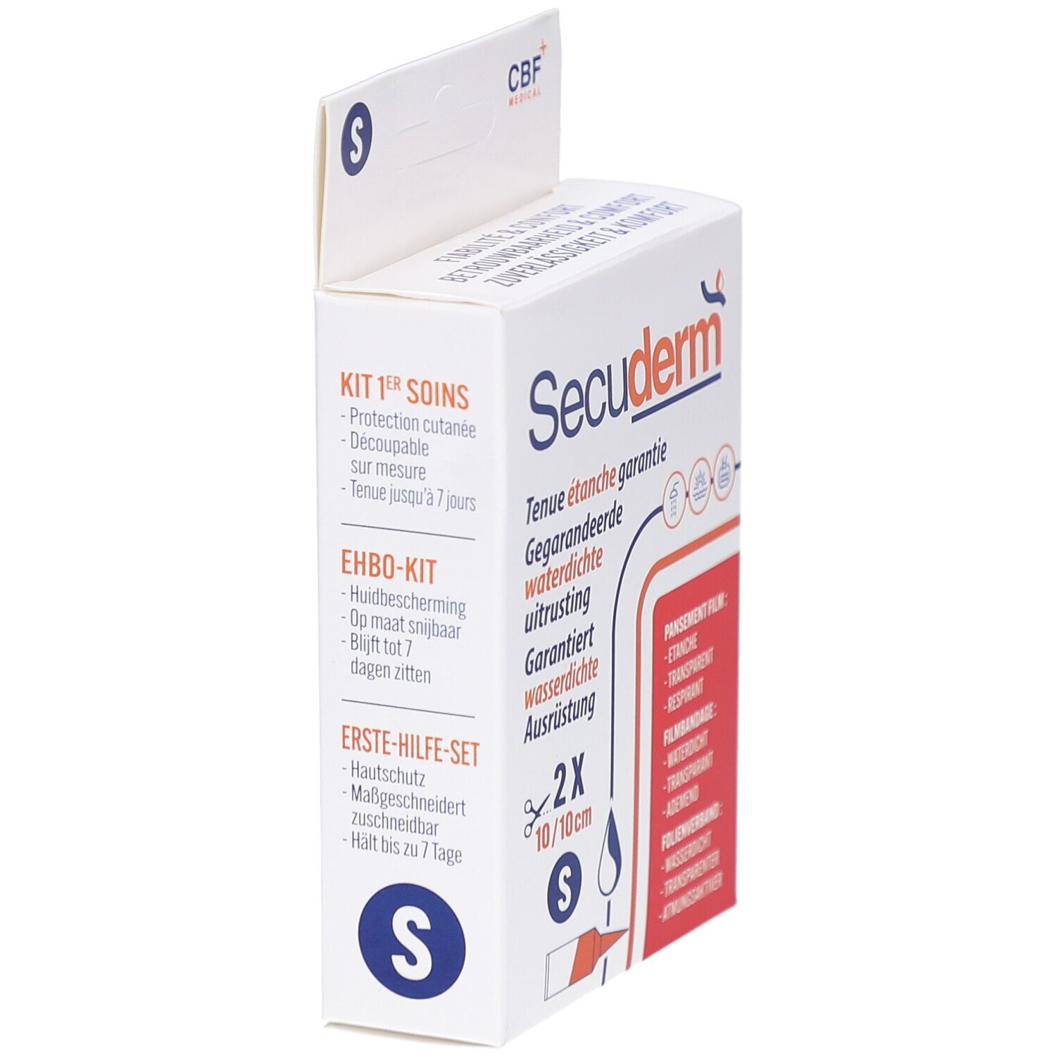 Boîte Secuderm, vue latérale. Contient 2 pansements 10x10cm. Logo CBF Medical. Trousse de premiers secours.