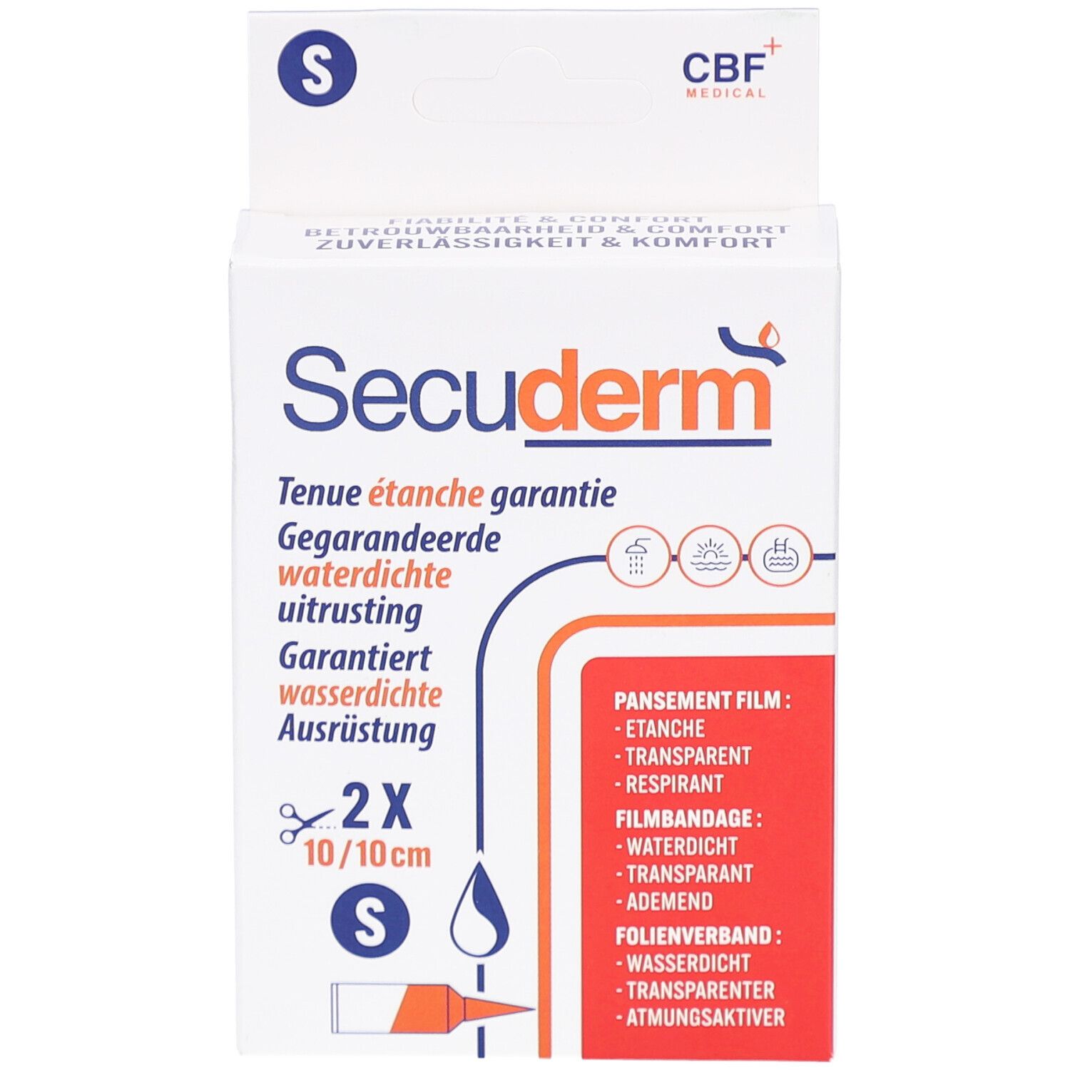 Face avant de la boîte Secuderm. 2 pansements 10x10cm. Étanche, respirant. Logo CBF Medical.