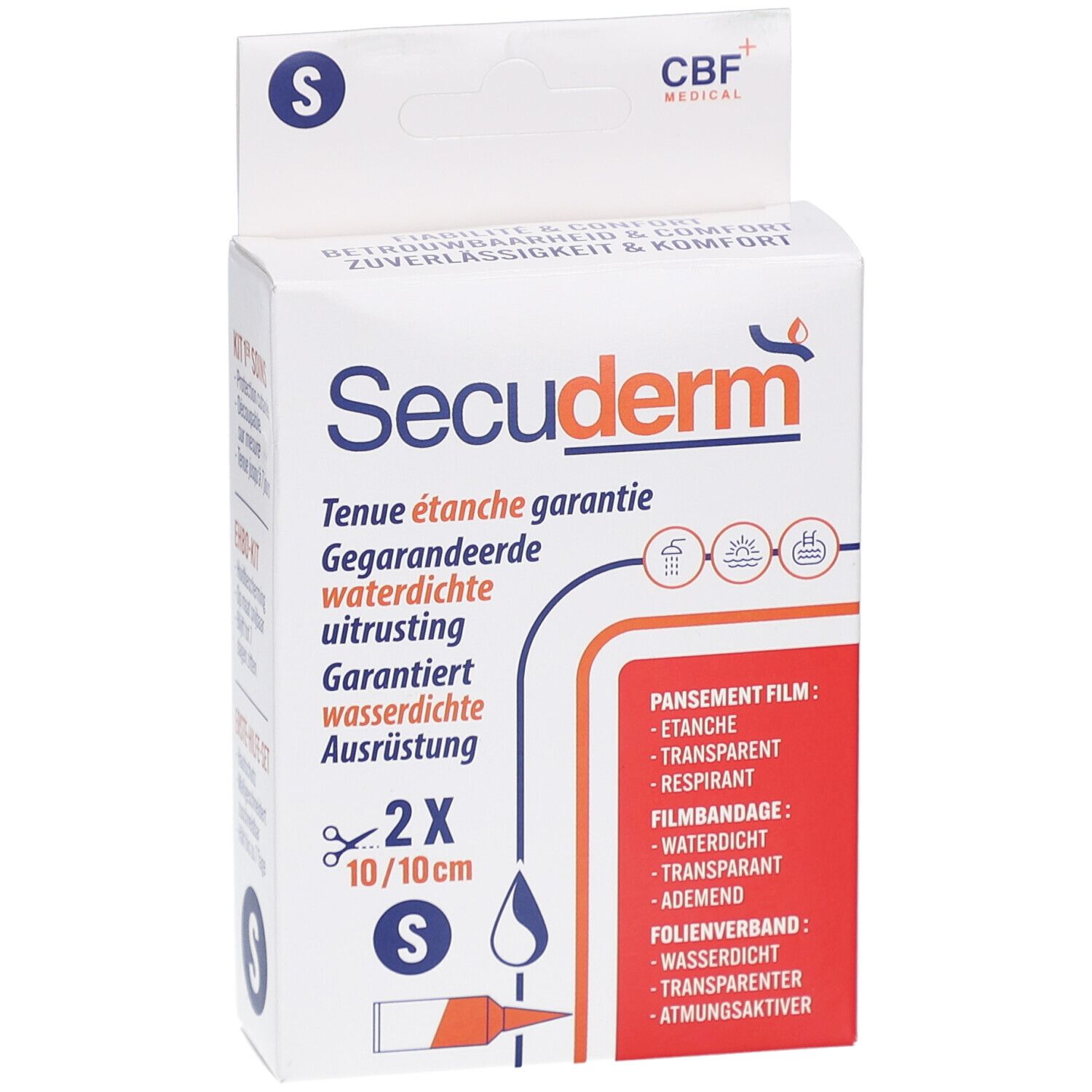 Face avant de la boîte Secuderm. 2 pansements 10x10cm. Étanche, respirant. Logo CBF Medical.