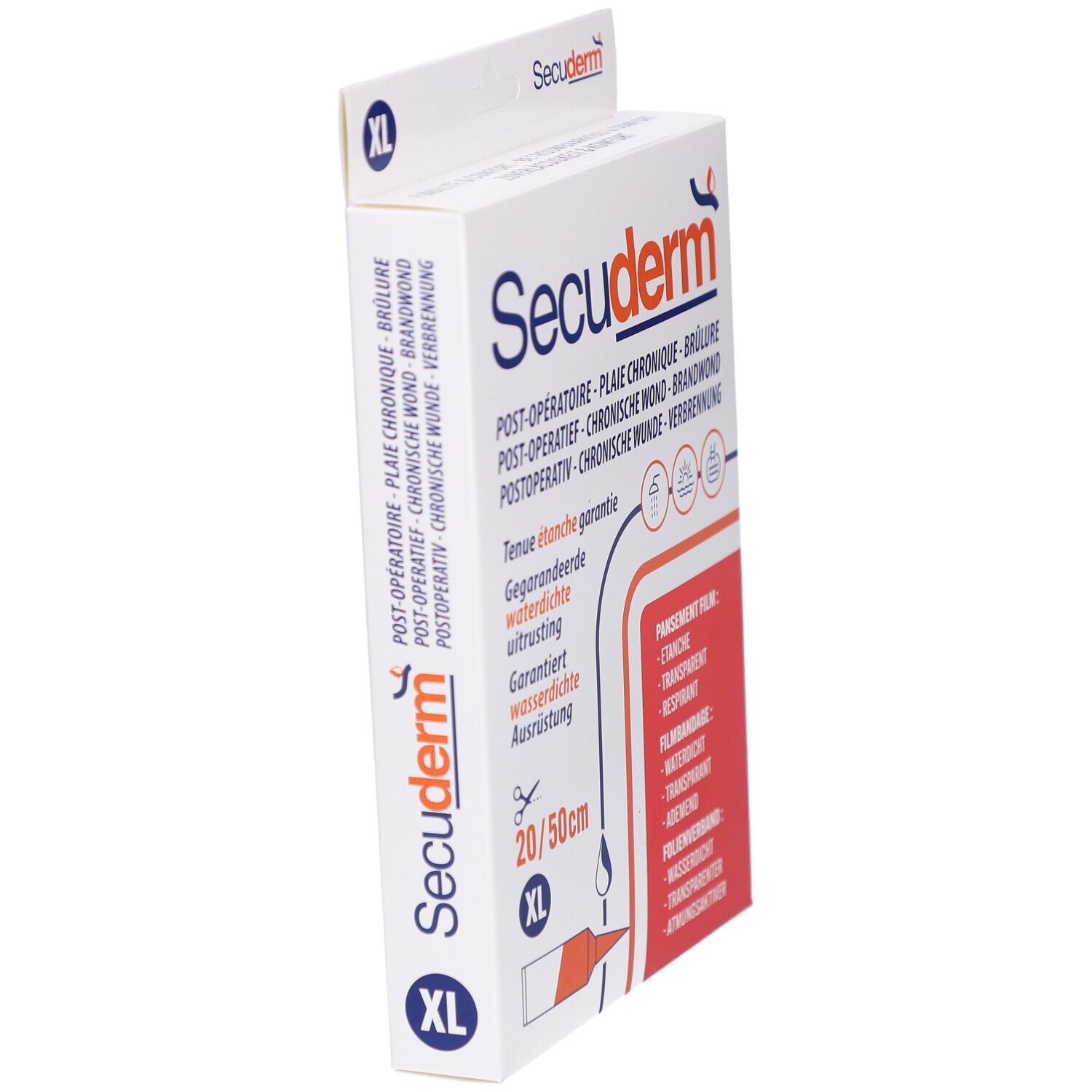 Vue latérale de l'emballage Secuderm XL. Inscription : Post-opératoire, plaie chronique, brûlure. Taille : 20/50cm.