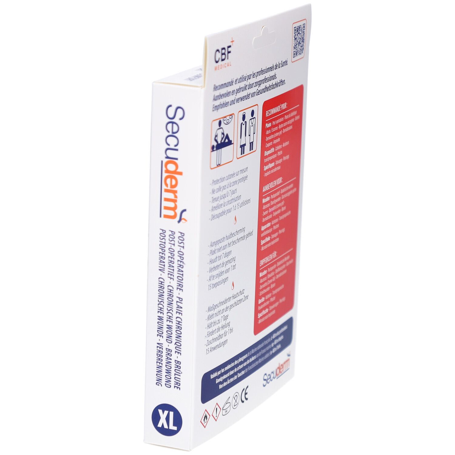 Vue latérale de l'emballage Secuderm XL. Inscription : Post-opératoire, plaie chronique, brûlure. Logo XL.