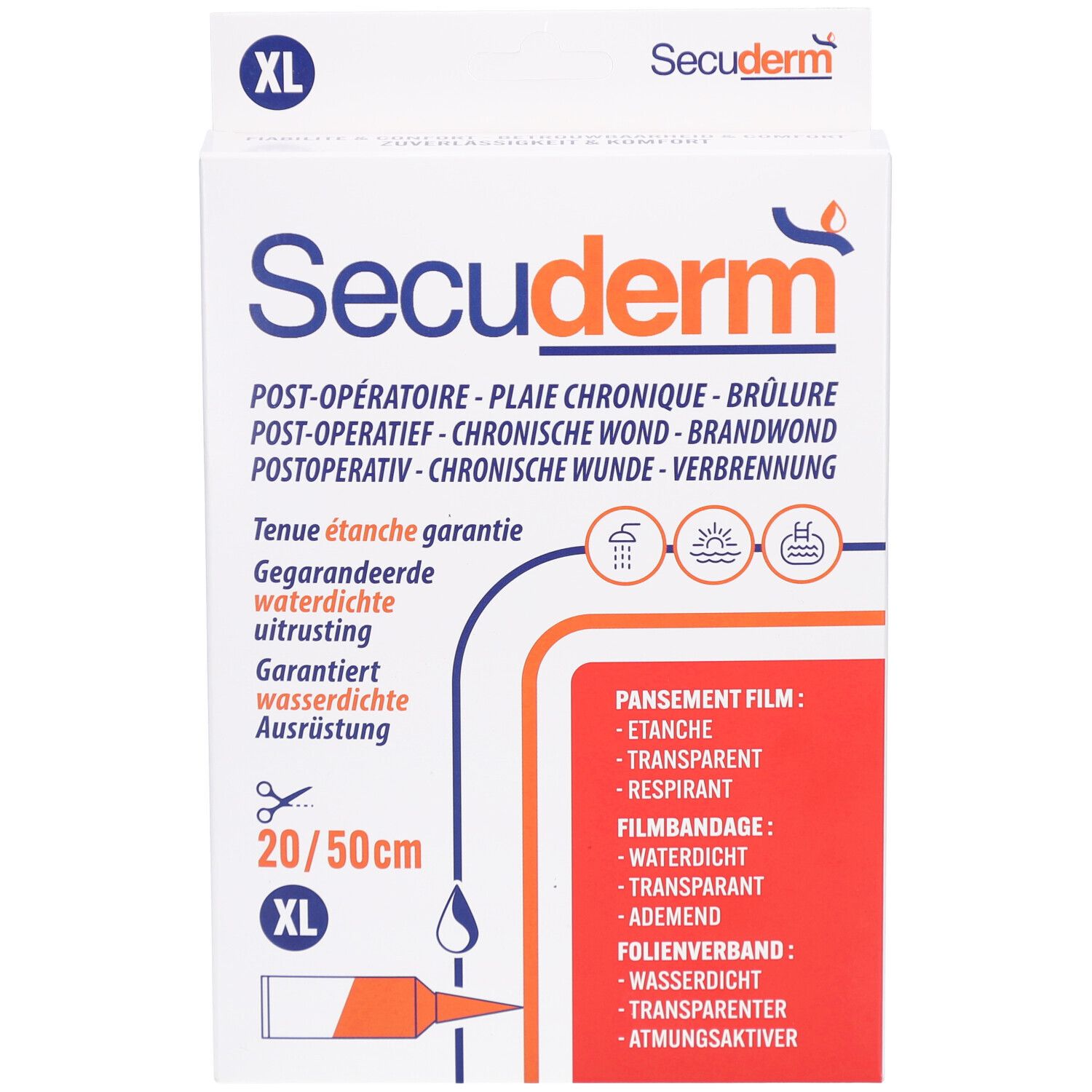 Emballage Secuderm XL. Inscription : Post-opératoire, plaie chronique, brûlure. Taille : 20/50cm. Étanche.