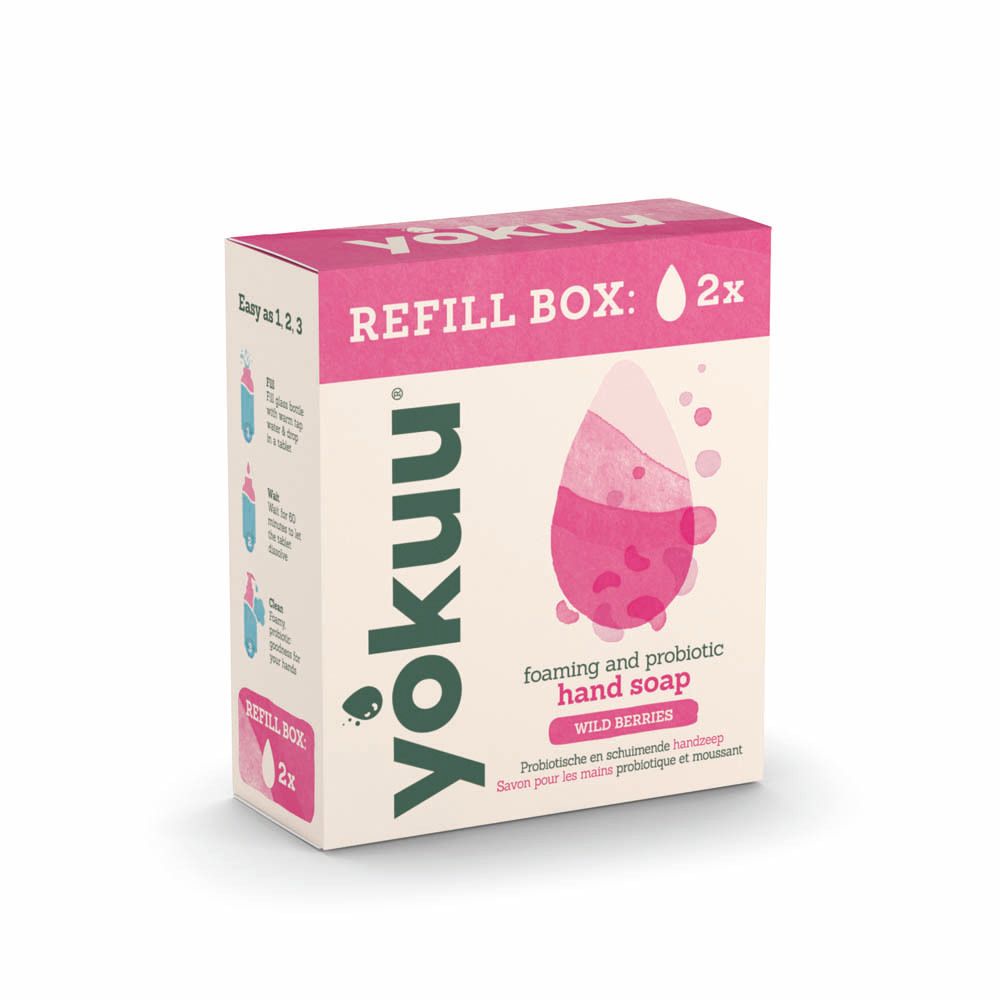 Boîte rose Yokuu. Contient 2 recharges. Inscription: Wild Berries, savon pour les mains. Illustration de produit.