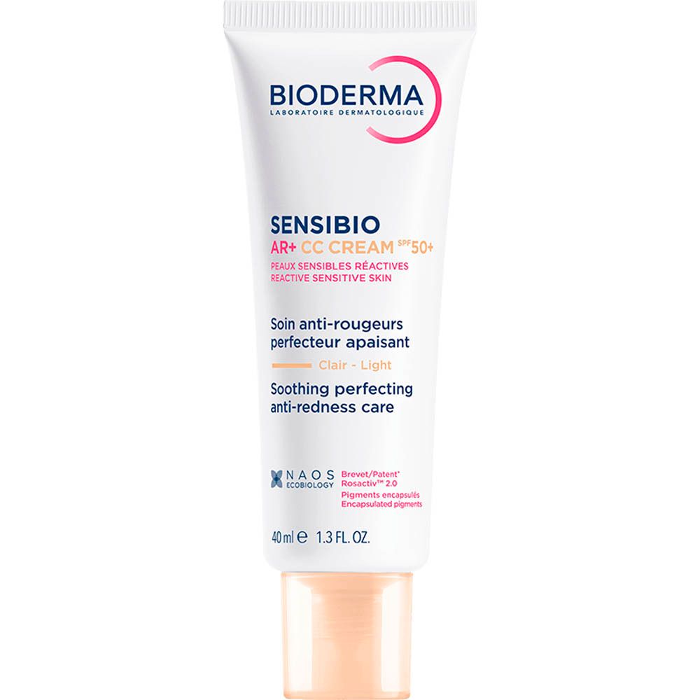 Tube de crème Bioderma Sensibio AR+ CC Cream SPF50+ Clair. 40ml. Bouchon beige.