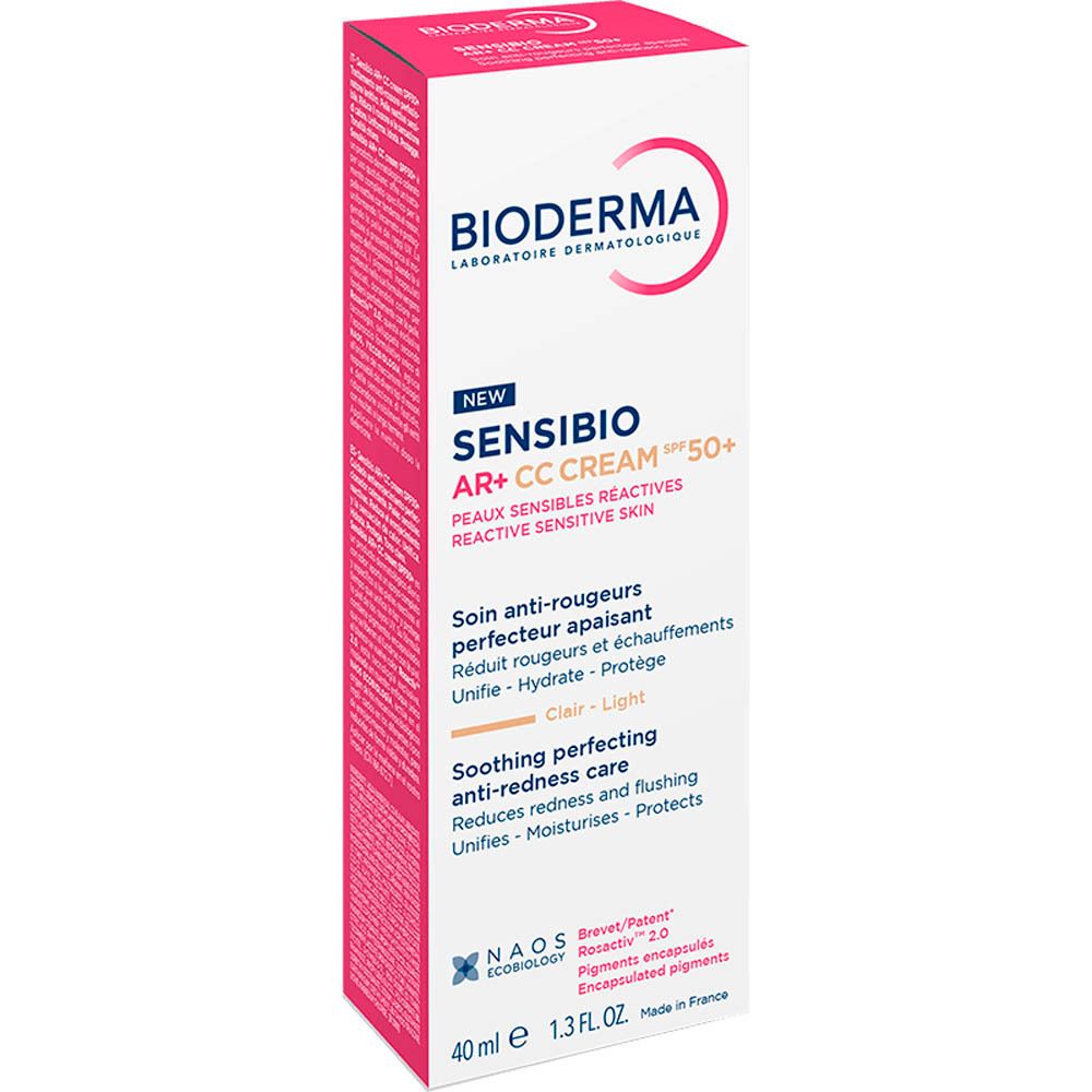 Emballage de Bioderma Sensibio AR+ CC Cream SPF50+ Clair. Rose et blanc. 40ml.