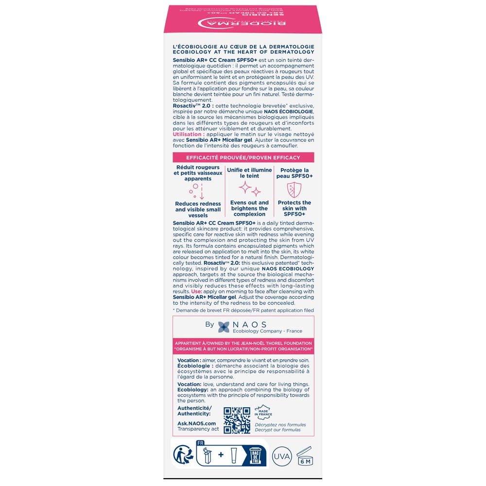 Côté de l'emballage Bioderma Sensibio AR+ CC Cream SPF50+ Clair. Texte en allemand et néerlandais.