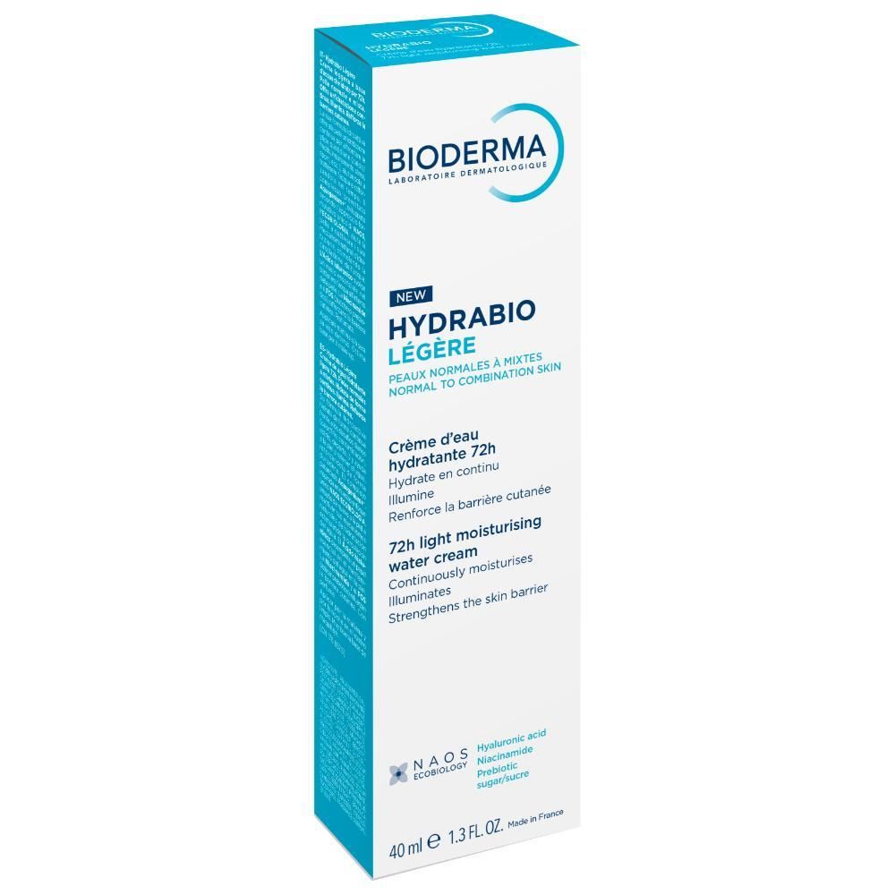 Tube et emballage Bioderma Hydrabio Légère, crème d'eau hydratante légère.