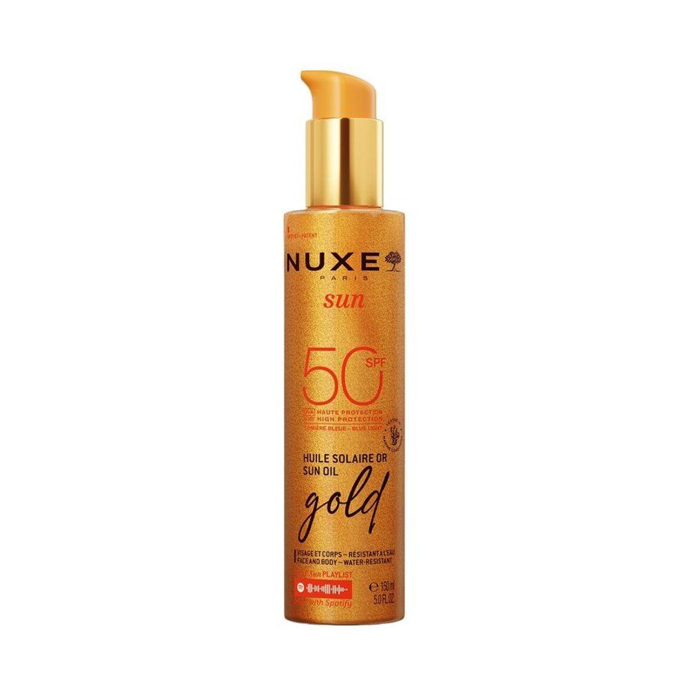 Nuxe Sun Huile Solaire Gold SPF 50. Flacon pompe, liquide doré.