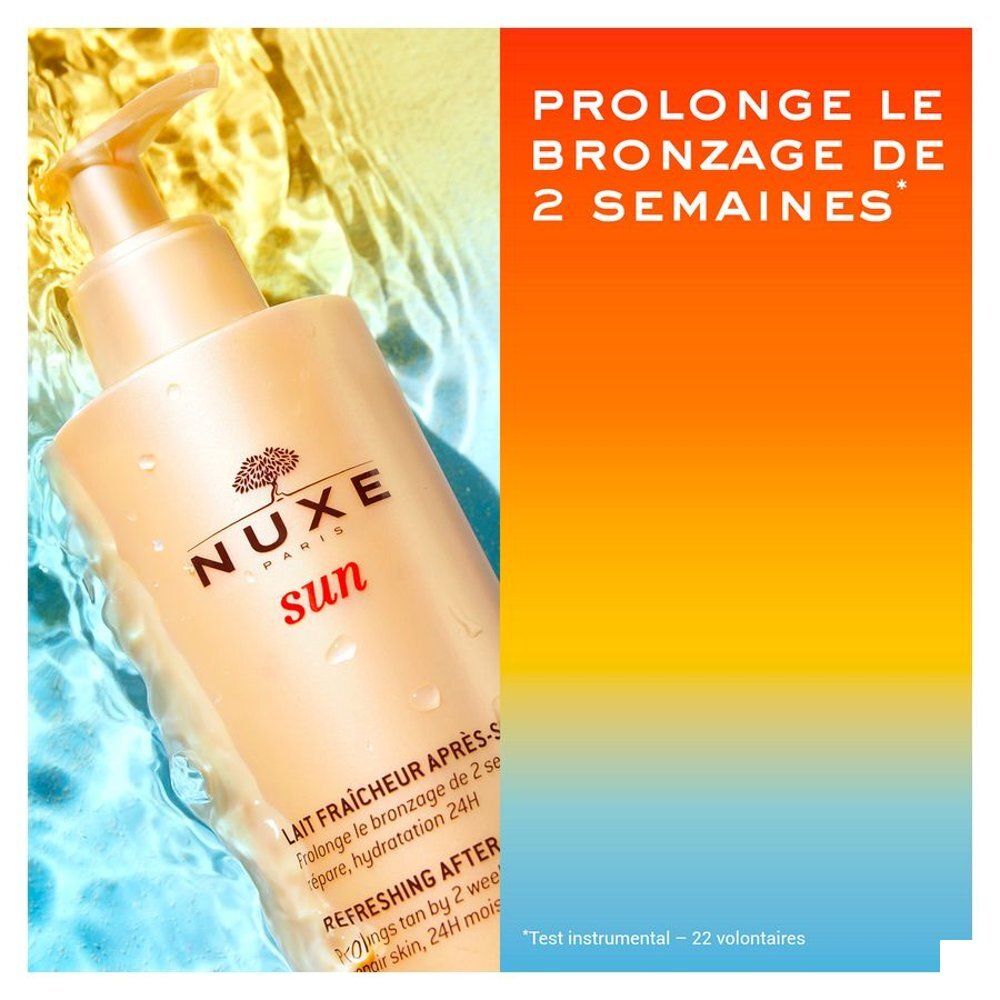 Arrière du flacon Lait Fraîcheur Après-Soleil Nuxe Sun avec informations détaillées.