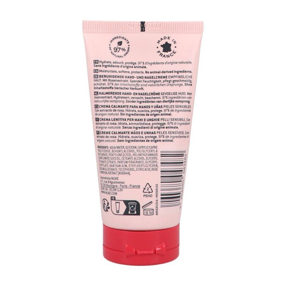 Crème mains et ongles Nuxe Very Rose dans un tube rose avec un bouchon rouge. 50 ml.