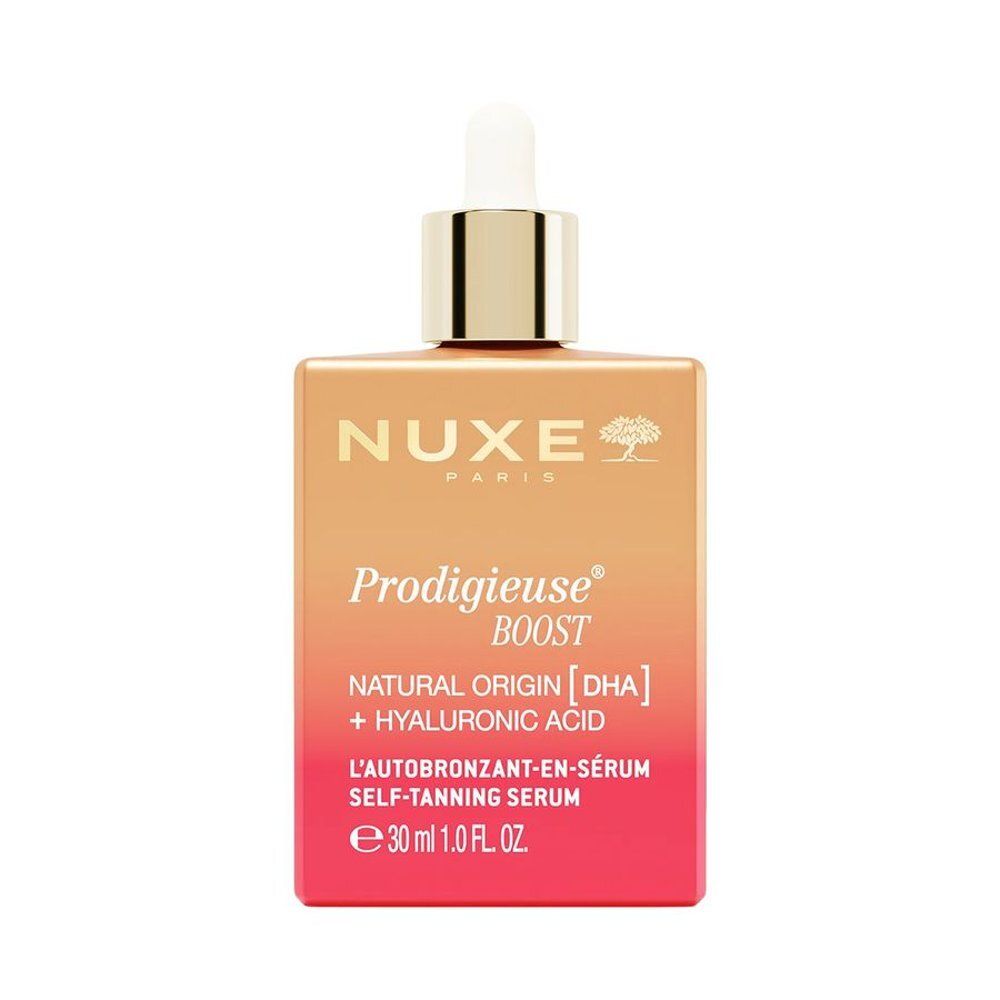 Sérum autobronzant Nuxe Prodigieuse Boost avec pipette. Flacon orange-rouge, 30ml.