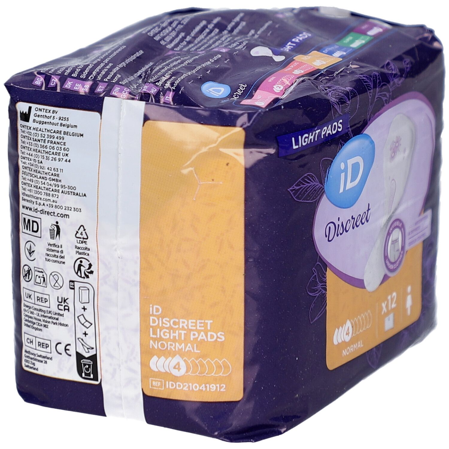 Dos du paquet de protections iD Discreet Light Pads Normal. Informations sur le fabricant, les ingrédients et les certifications.