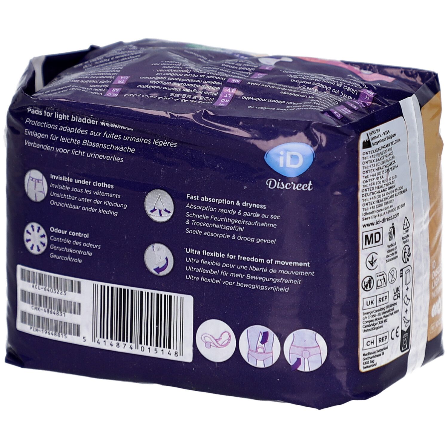 Dos du paquet de protections iD Discreet Light Pads Normal. Caractéristiques du produit, comme l'absorption et le contrôle des odeurs.