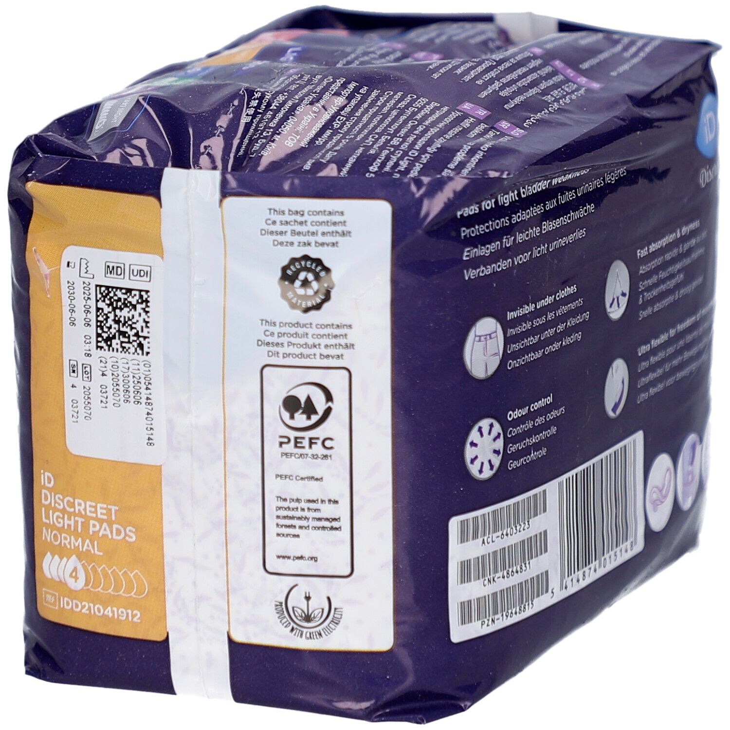 Paquet de protections iD Discreet Light Pads Normal. Informations telles que la certification PEFC et le numéro de lot.